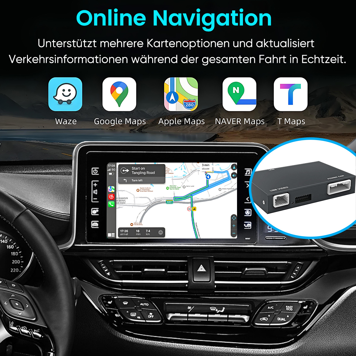 Auto-Navigationsbildschirm zeigt Karten-Apps und ein kleines Hardwaremodul.
