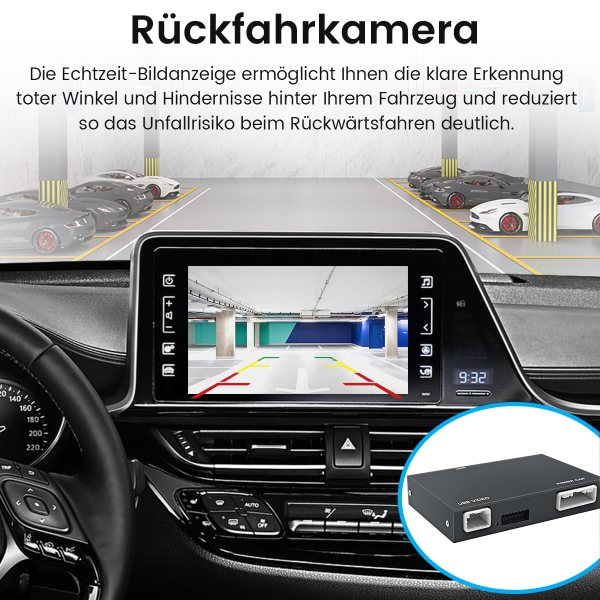 Ein Auto-Display zeigt das Live-Bild einer Rückfahrkamera in einer Tiefgarage, mit einem kleinen Zusatzgerät unten rechts.