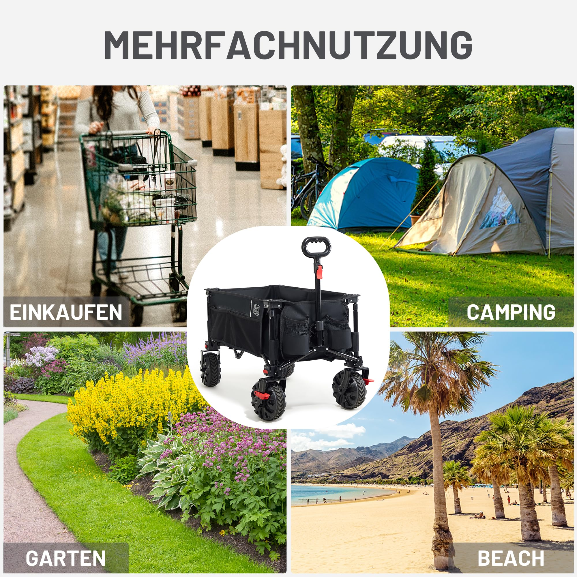 Un chariot pliable noir au centre avec quatre exemples d'utilisation : courses, camping, jardin et plage.