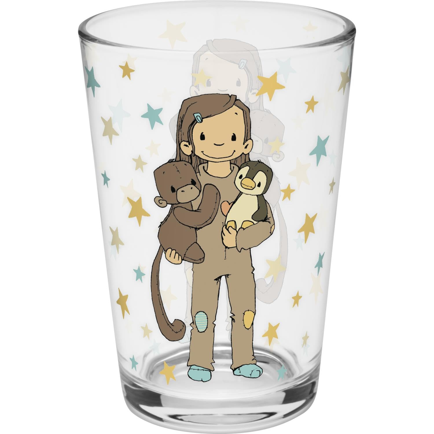 Ein Glas mit einem gezeichneten Mädchen im Schlafanzug, das einen Affen und einen Pinguin hält, vor Sternen.