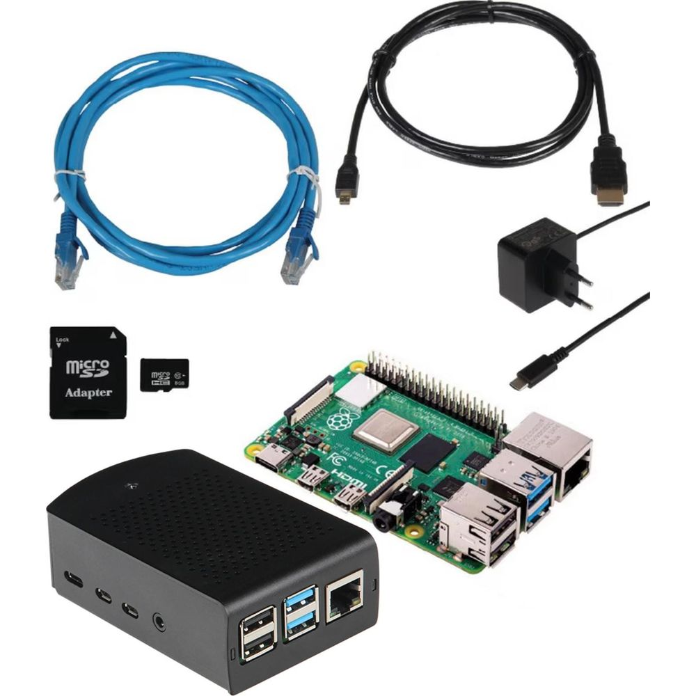 Un kit Raspberry Pi 4 B con custodia, cavi blu e nero, alimentatore e scheda SD su sfondo bianco.
