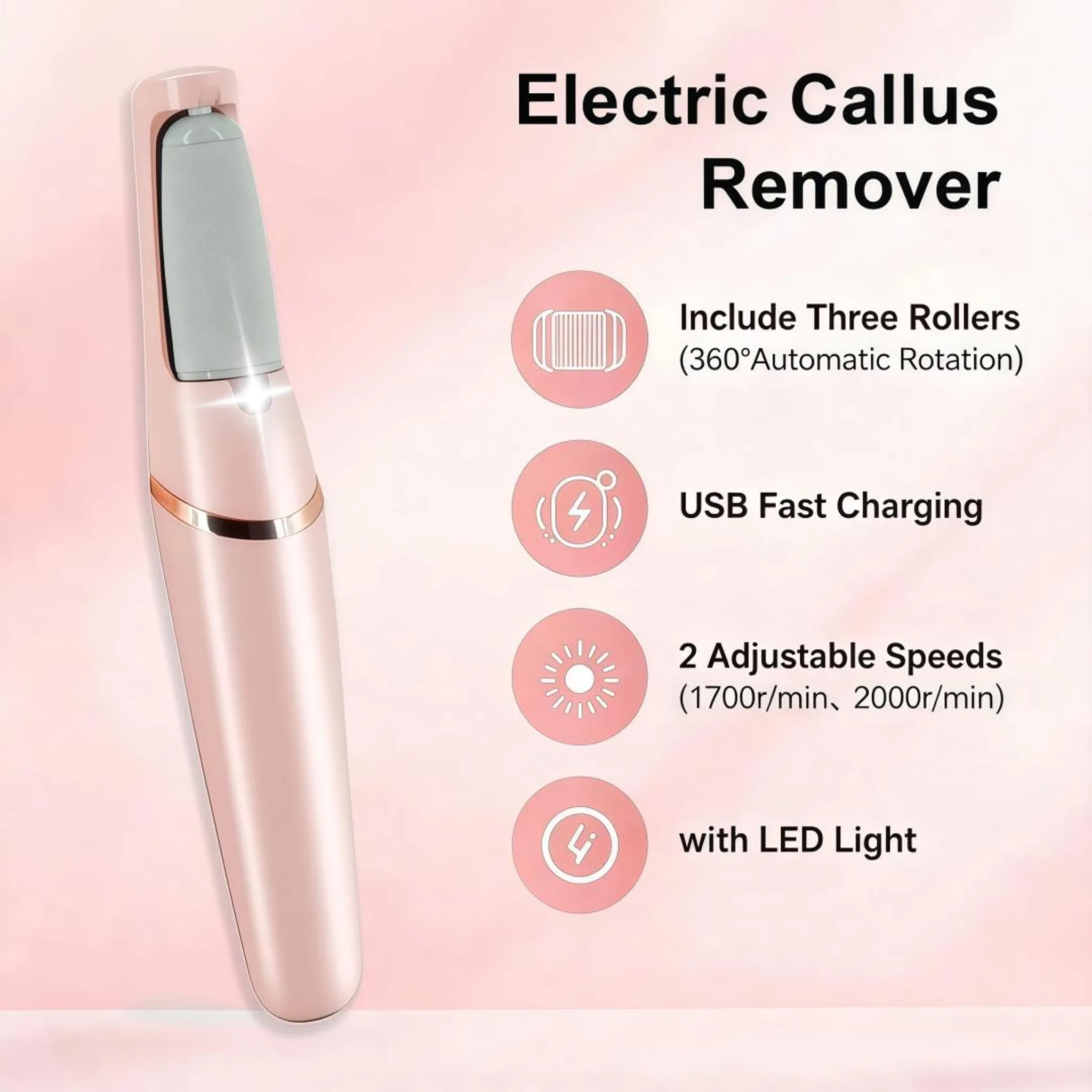 Rosa elektrischer Hornhautentferner mit USB-Ladung und drei Rollen.