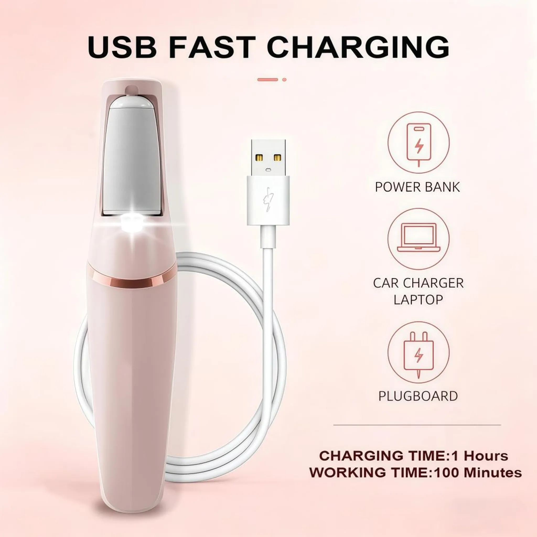Rosa elektrischer Hornhautentferner mit USB-Ladekabel und kompatiblen Ladegeräten.