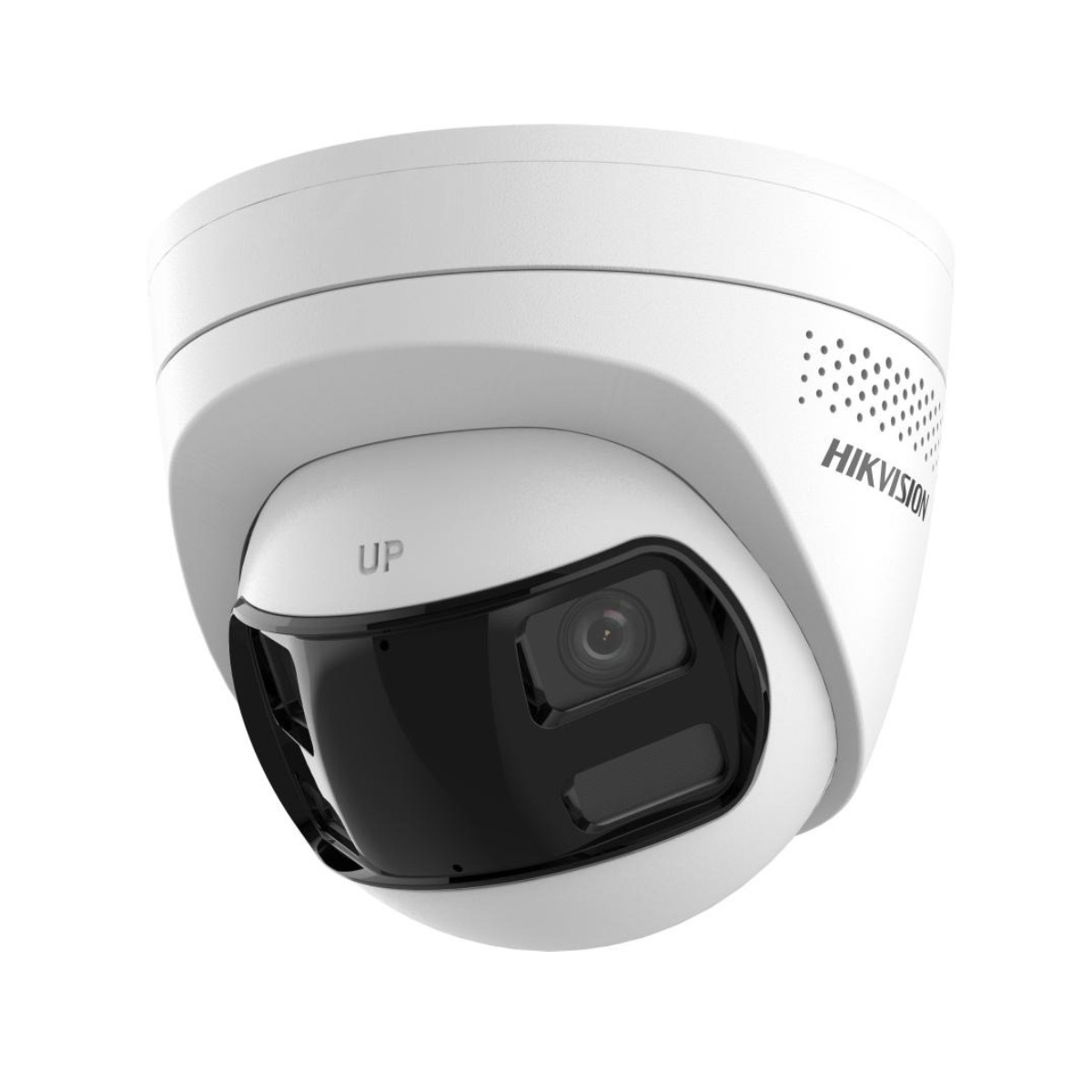 Eine weiße Hikvision Überwachungskamera mit schwarzem Objektiv und der Aufschrift UP.
