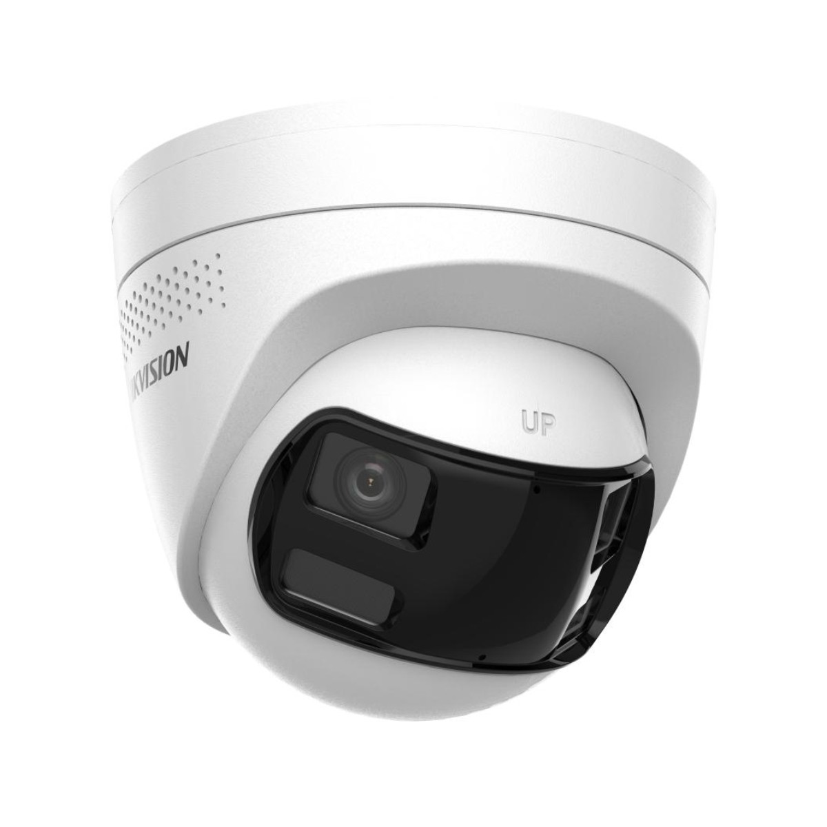 Eine weiße Turmkamera mit schwarzem Objektiv und der Aufschrift Hikvision auf weißem Hintergrund.