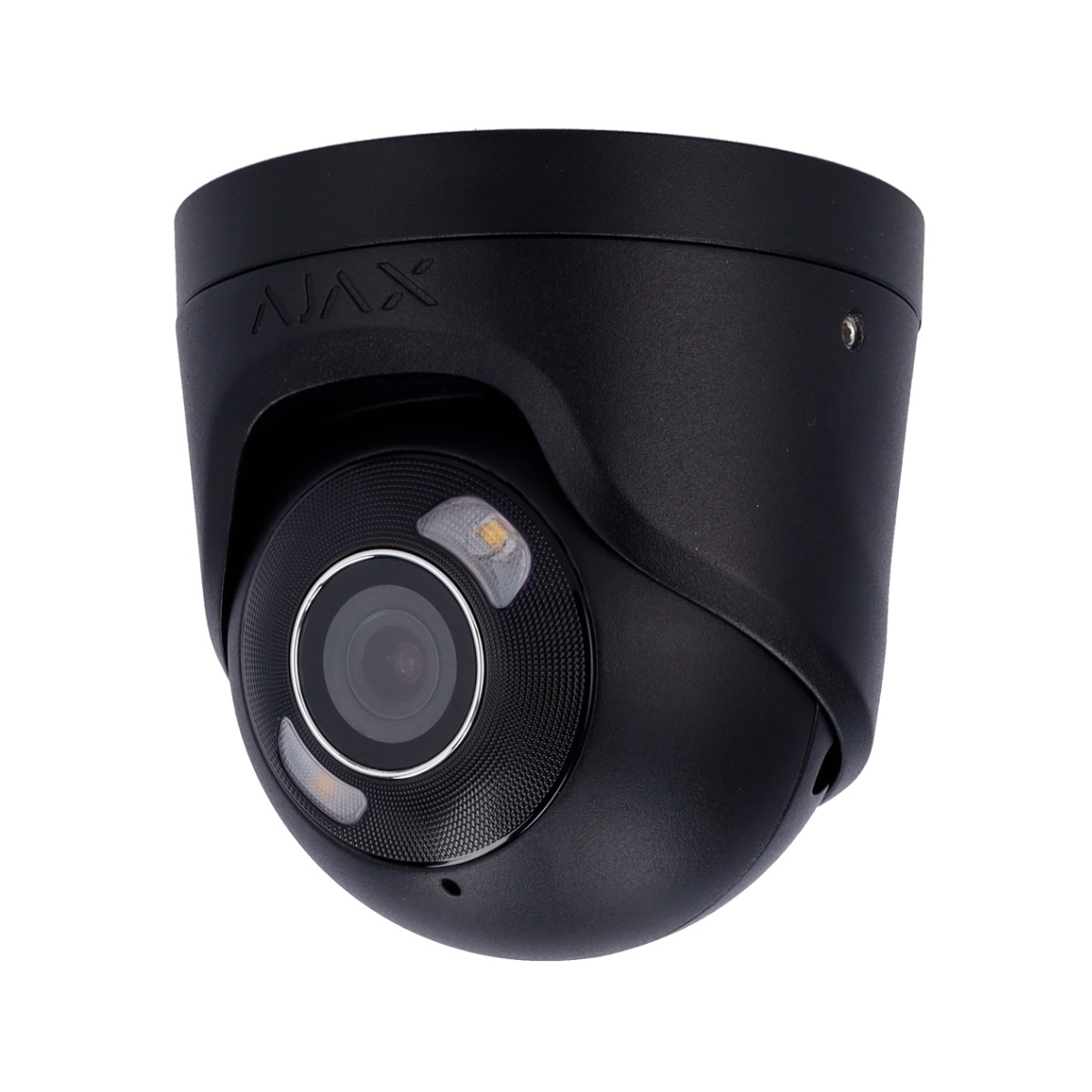 Schwarze Ajax Überwachungskamera mit Linse und LEDs vor weißem Hintergrund.