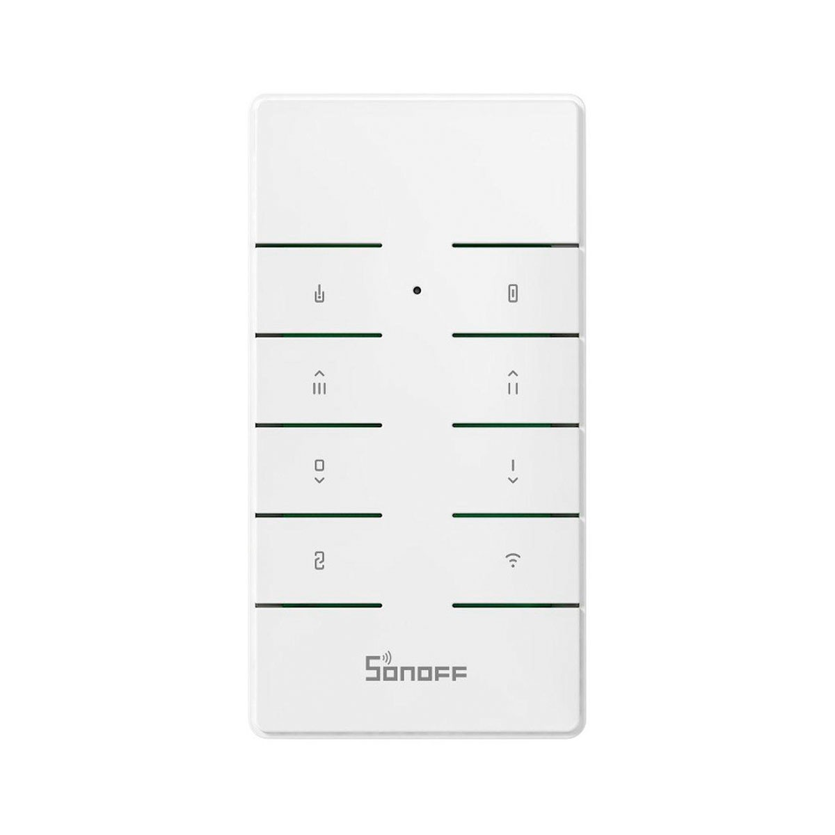 Ein weißer Sonoff Smart Switch mit acht Touch-Tasten und Symbolen vor schlichtem Hintergrund.