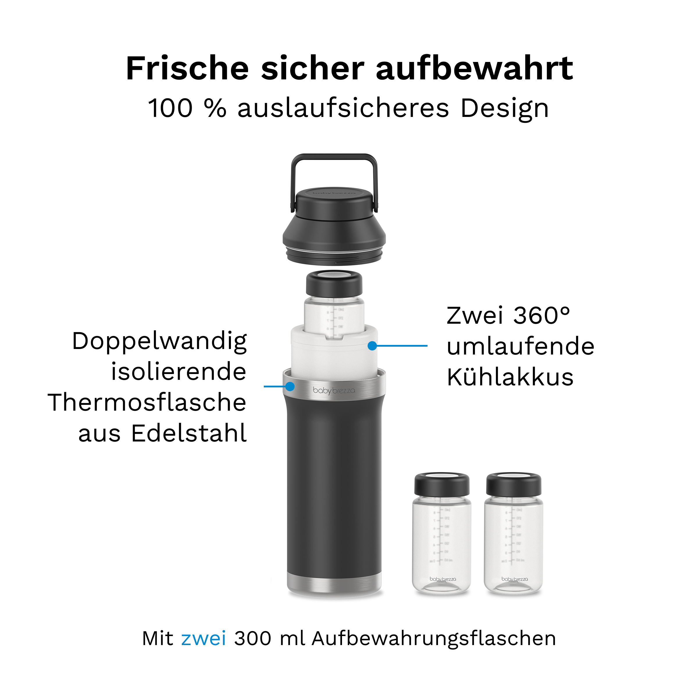Edelstahl-Thermosflasche mit Kühlakku und zwei Babyflaschen.