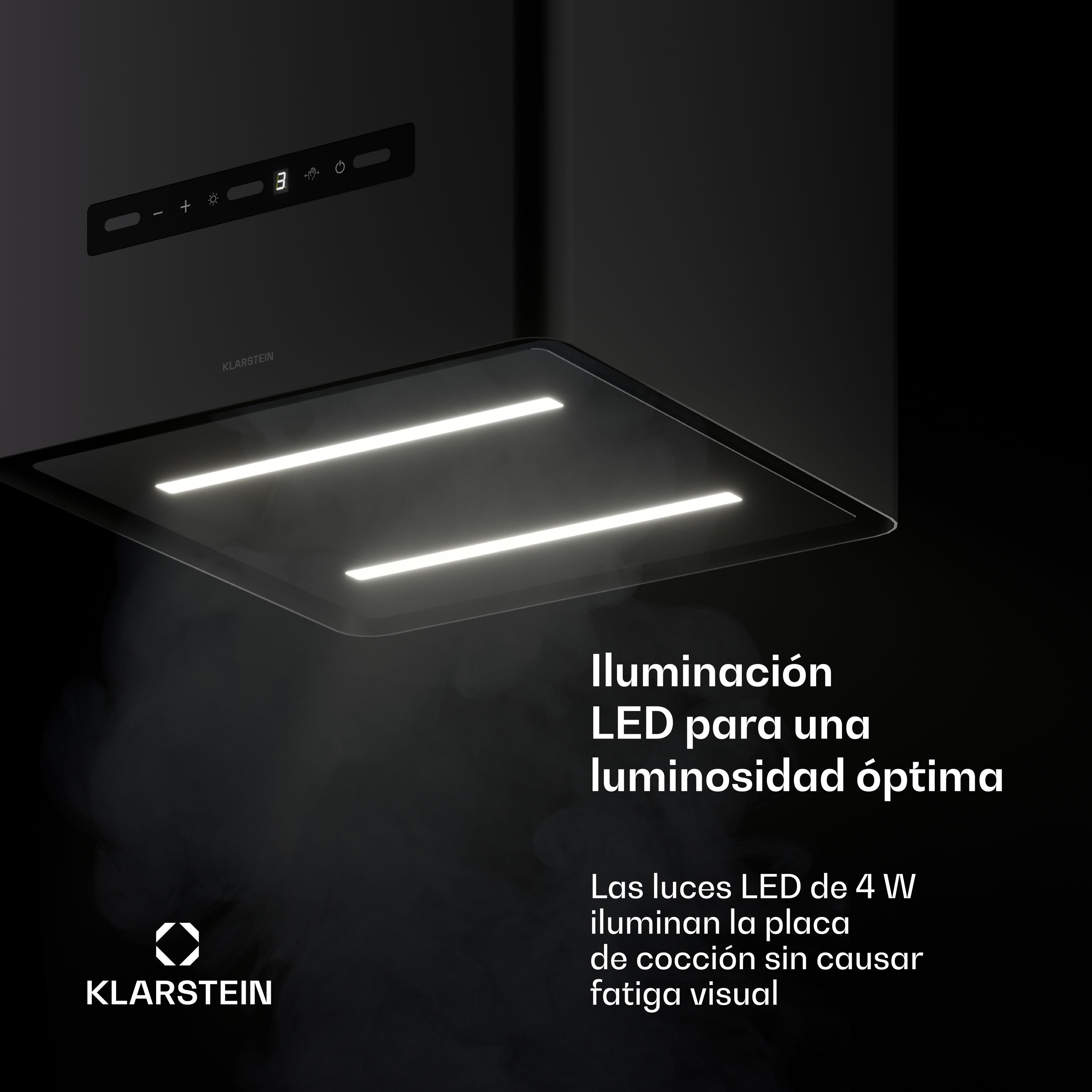 Schwarze Dunstabzugshaube mit zwei hellen LED-Leisten und integriertem Bedienfeld gegen dunklen Hintergrund.