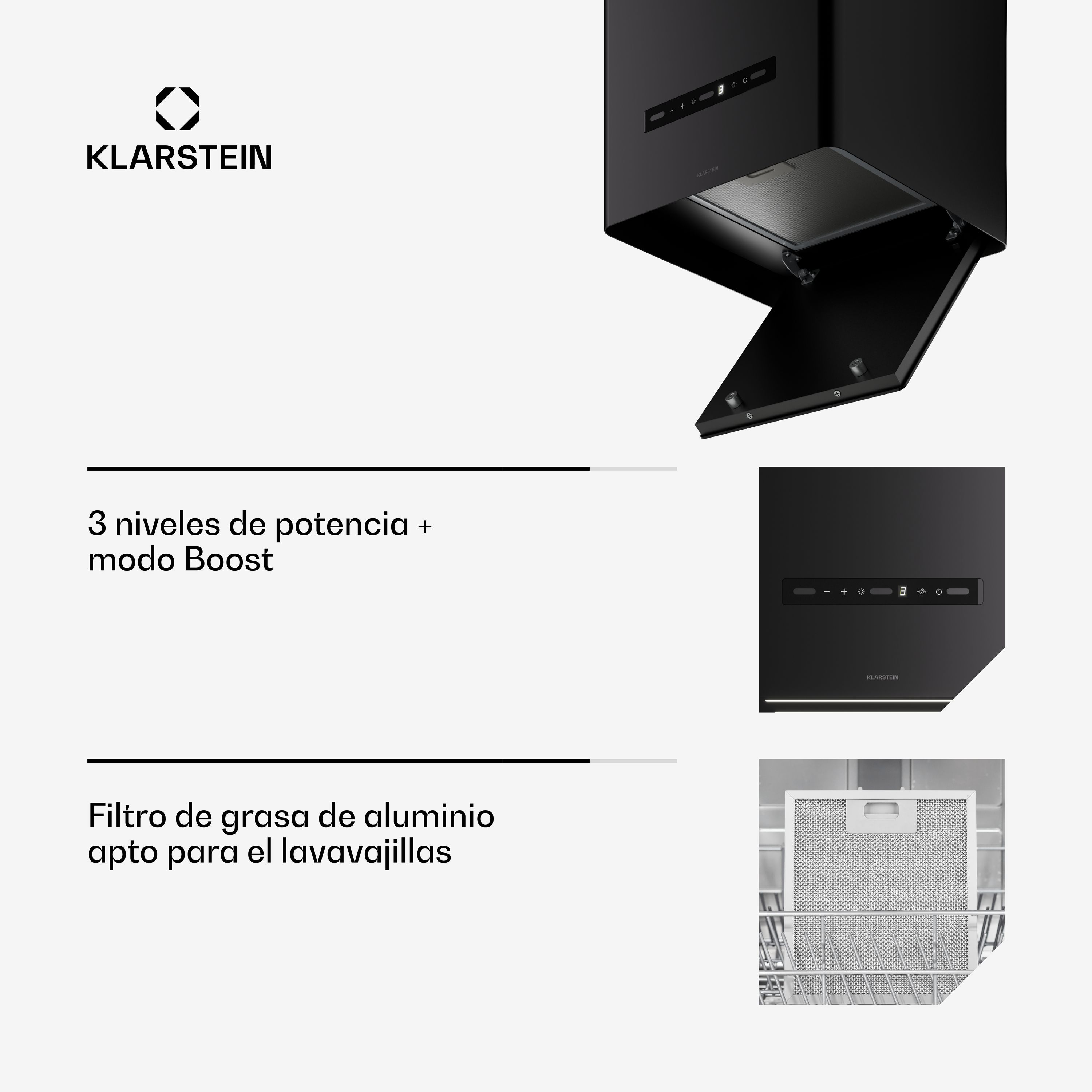 Schwarze Klarstein Dunstabzugshaube mit 3 Leistungsstufen, Boost-Modus und spülmaschinenfestem Aluminiumfilter.