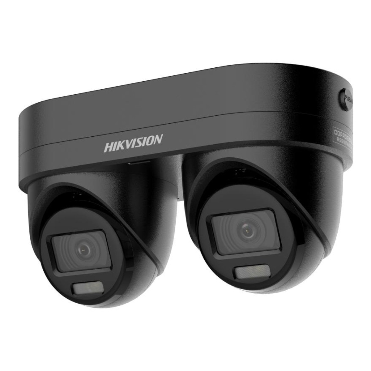 Schwarze Hikvision Überwachungskamera mit zwei Linsen auf weißem Grund.