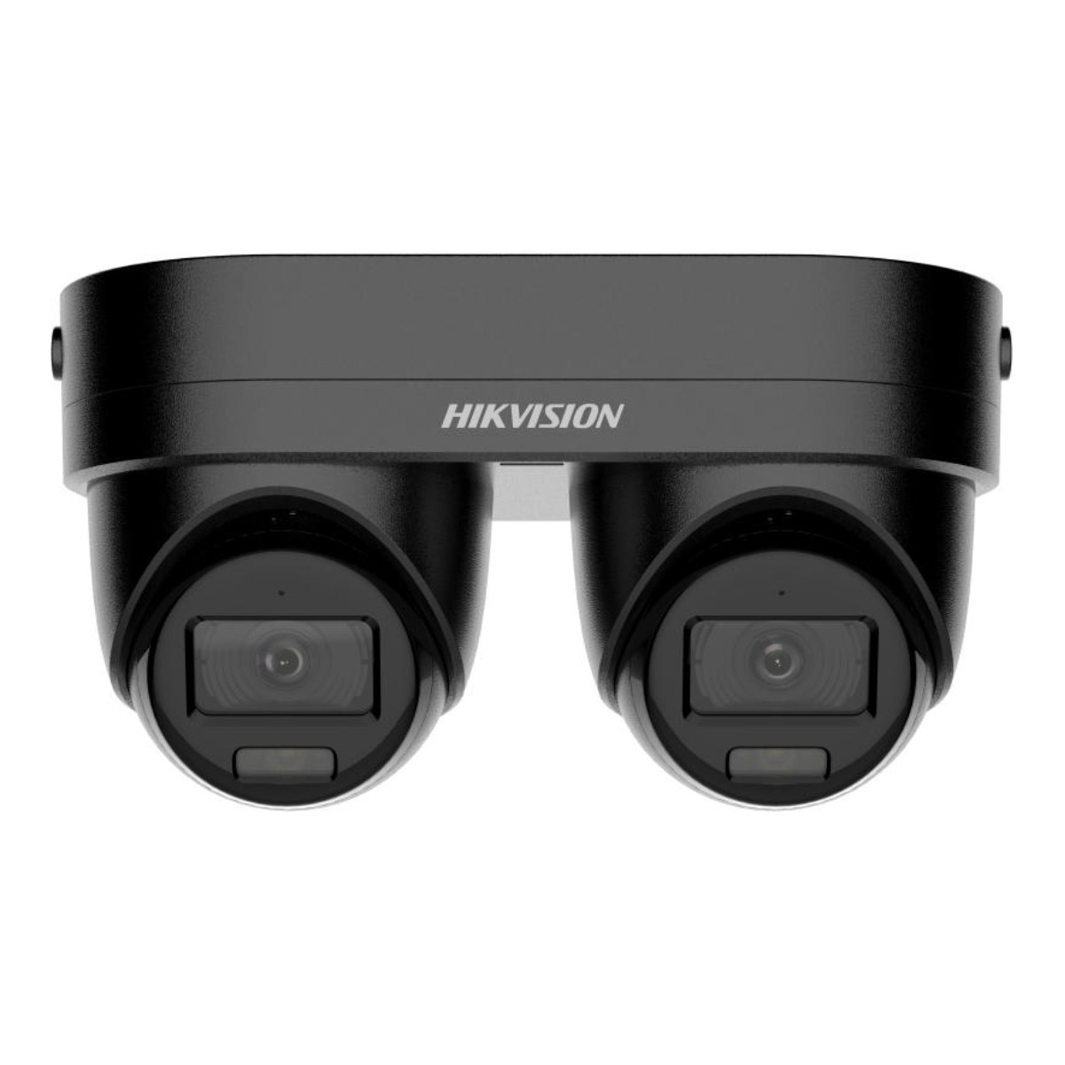 Eine schwarze Hikvision-Überwachungskamera mit zwei Objektiven auf weißem Hintergrund.