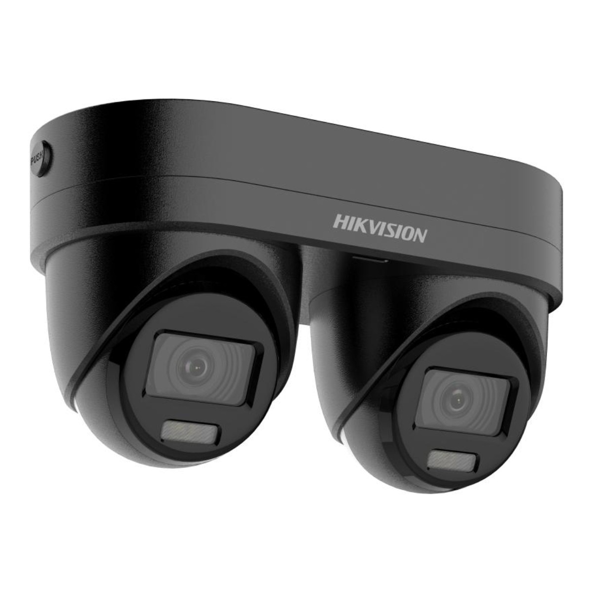 Eine schwarze Hikvision Dual-Objektiv-Sicherheitskamera vor weißem Hintergrund.
