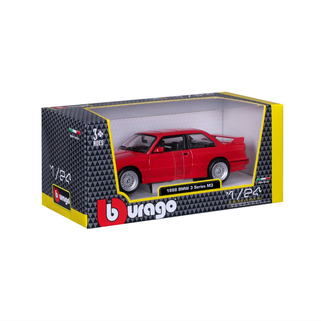 Orijinal sarı ve siyah kutusu içinde kırmızı bir Bburago 1988 BMW 3 Series M3 model araba.