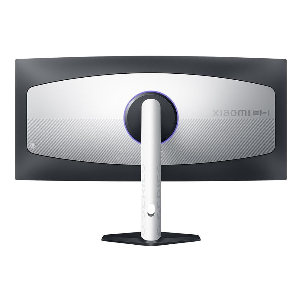 Rückseite eines gebogenen Xiaomi-Monitors mit weißem Standfuß und blauer Beleuchtung.
