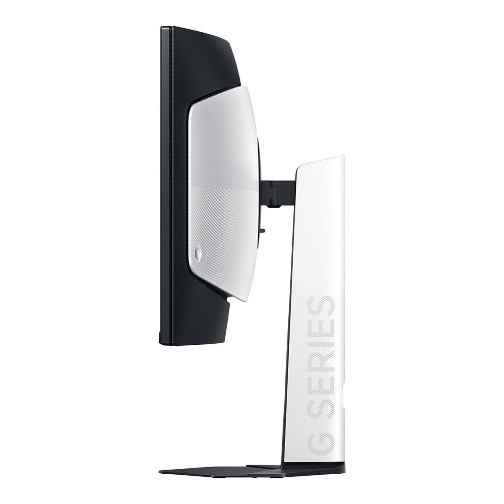 Seitenansicht eines gebogenen Monitors mit weißem und schwarzem Gehäuse und G-Series Standfuß auf weißem Hintergrund.