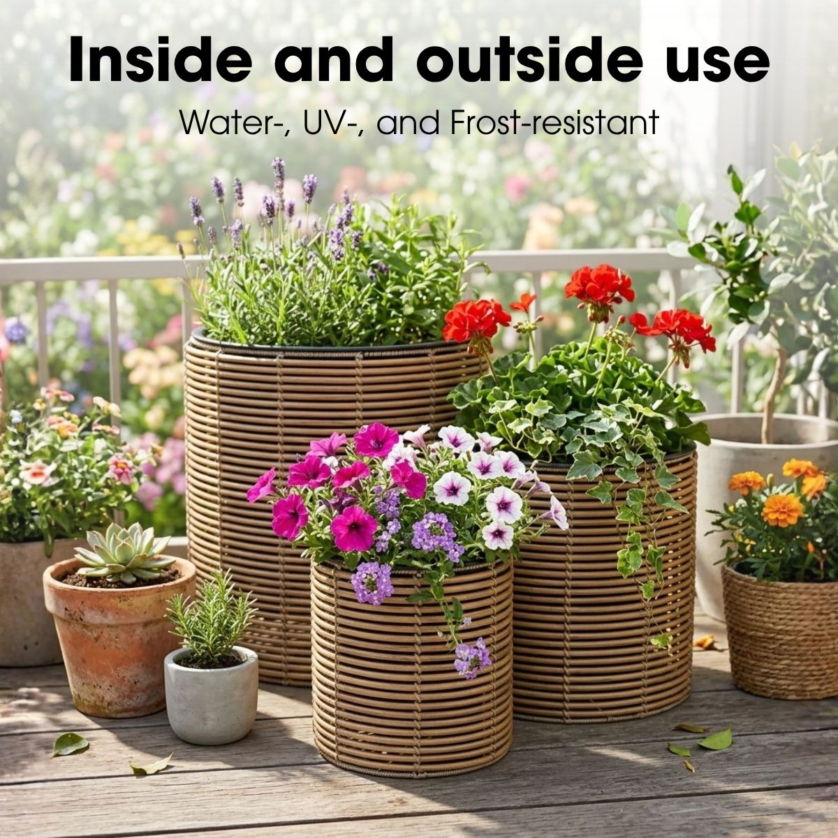 Wiederverwendbare Rattan-Pflanzkübel in verschiedenen Größen mit Blumen auf einer Holzterrasse.