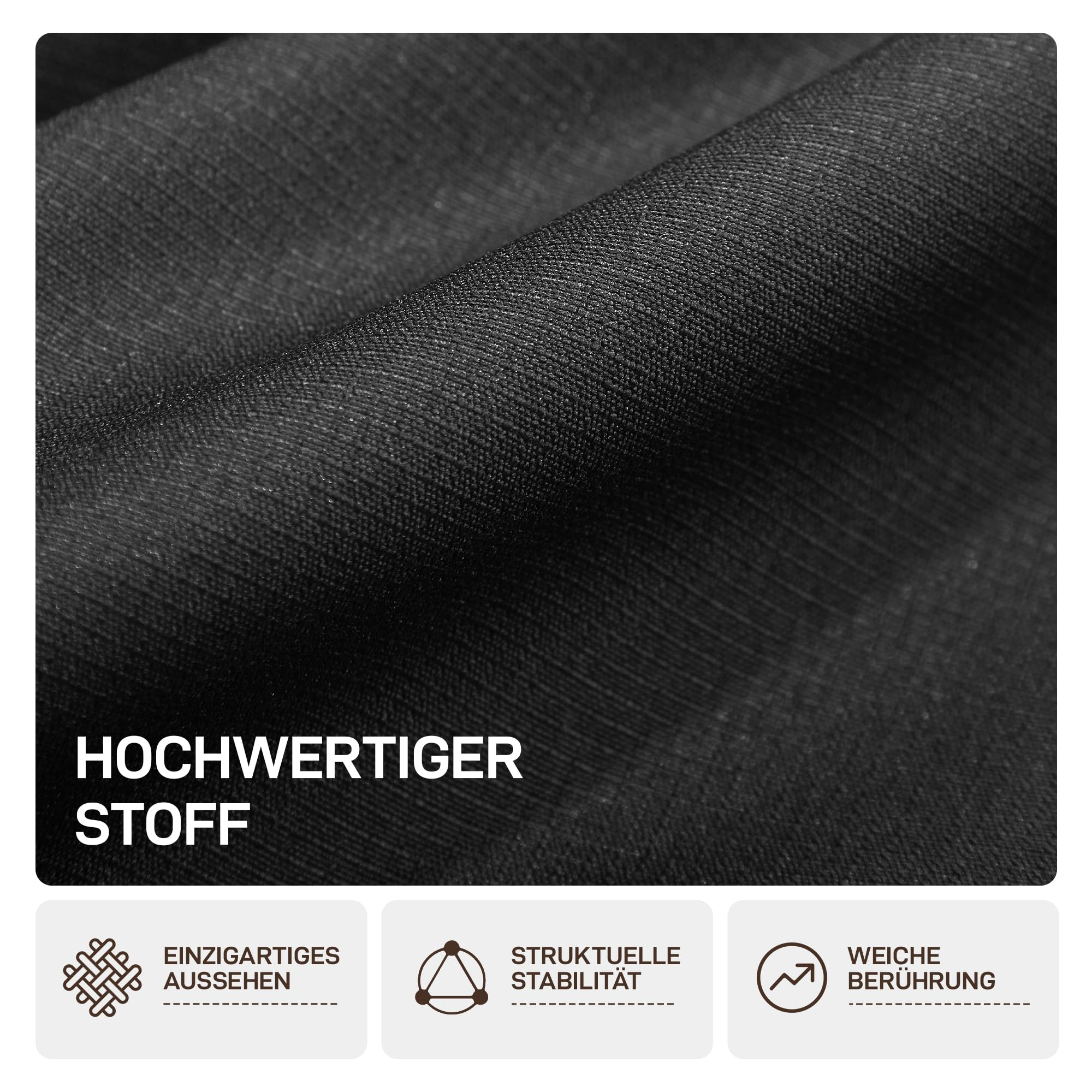 Gros plan de tissu noir texturé, texte allemand et trois icônes en bas.