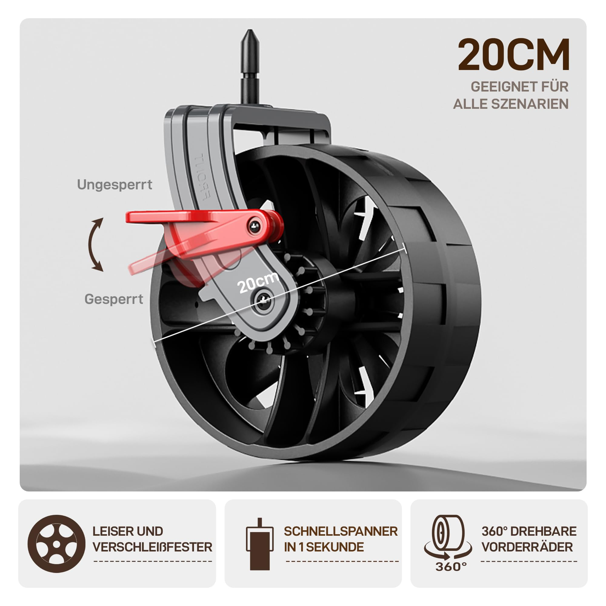 Une roulette noire de 20 cm avec support gris, levier rouge et texte en allemand.
