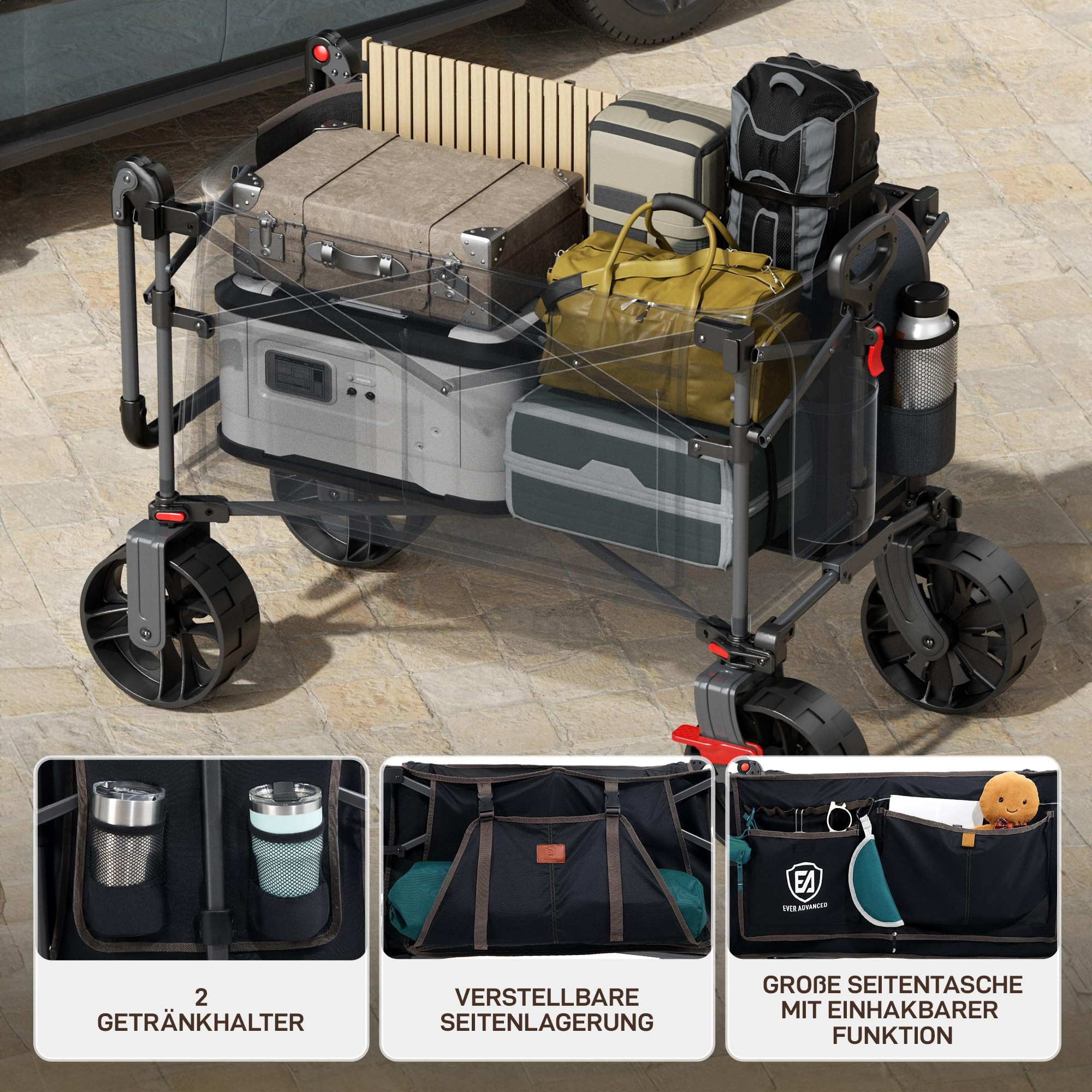 Un chariot utilitaire chargé de bagages et d'une glacière sur des pavés, avec des détails de poches.
