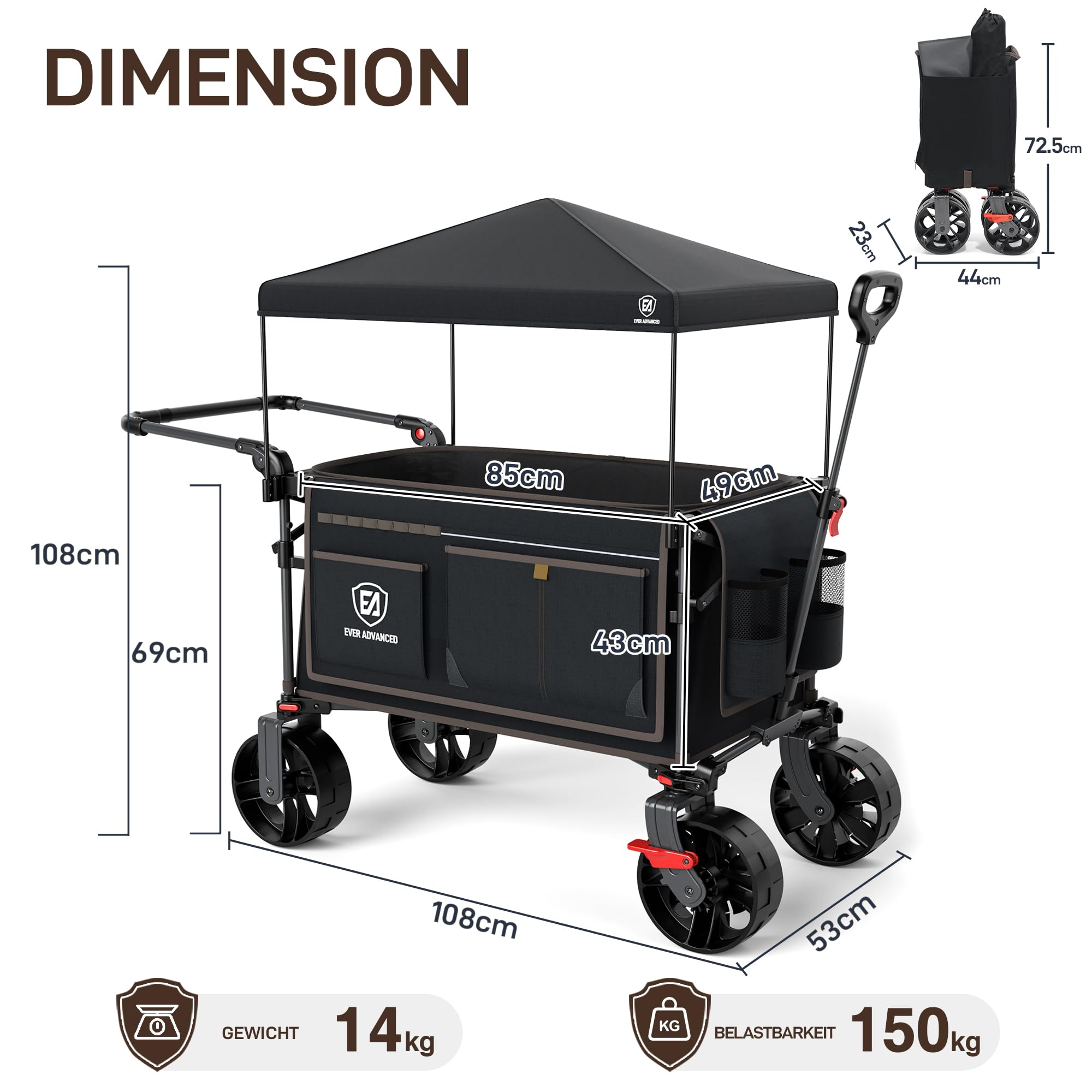 Chariot utilitaire noir avec toit amovible, dimensions, 14 kg de poids et 150 kg de capacité.