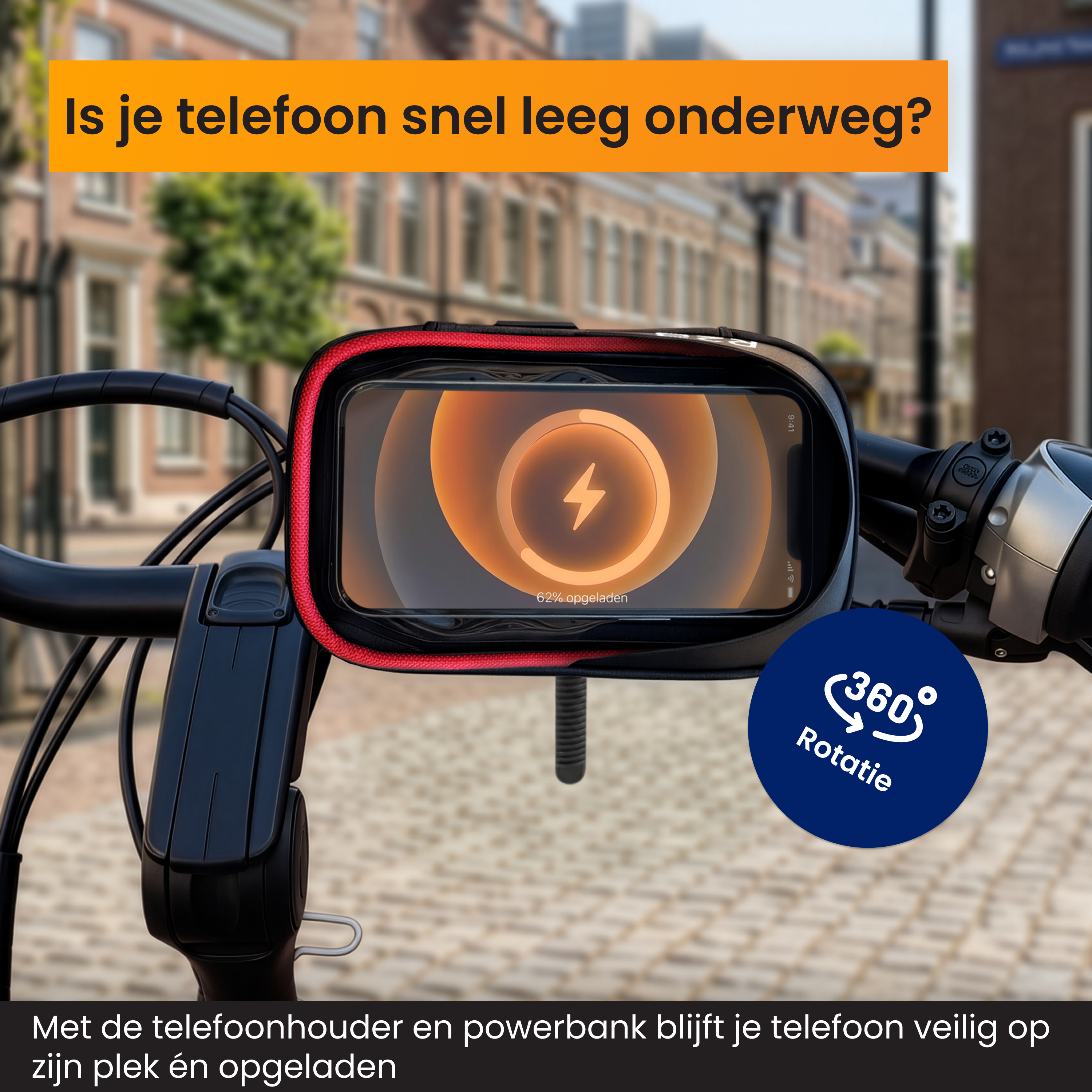 Telefoonhouder met powerbank op fietsstuur, met straat op de achtergrond.