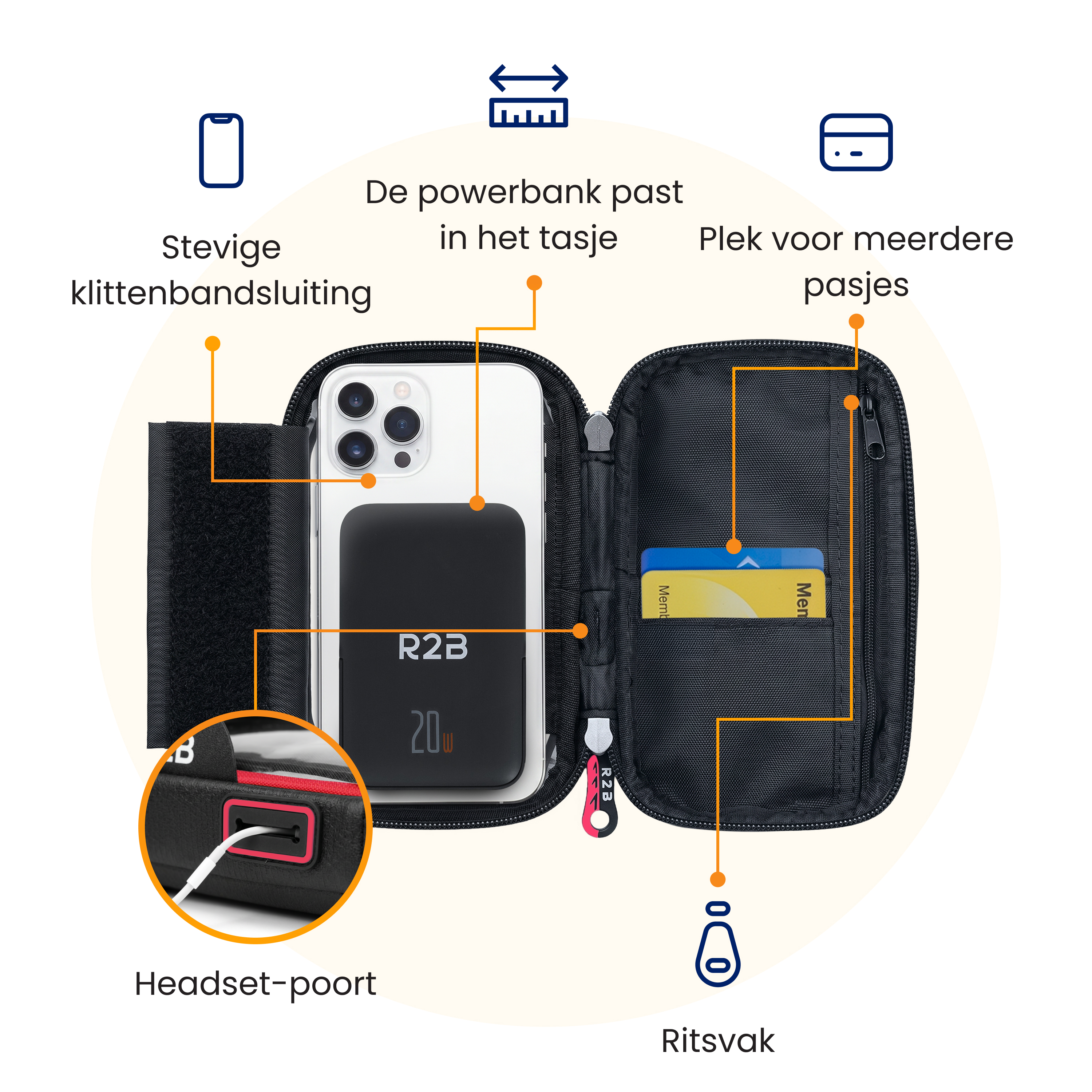 Open zwart accessoiretasje met smartphone, powerbank, pasjesvakken en beschrijvende tekst.