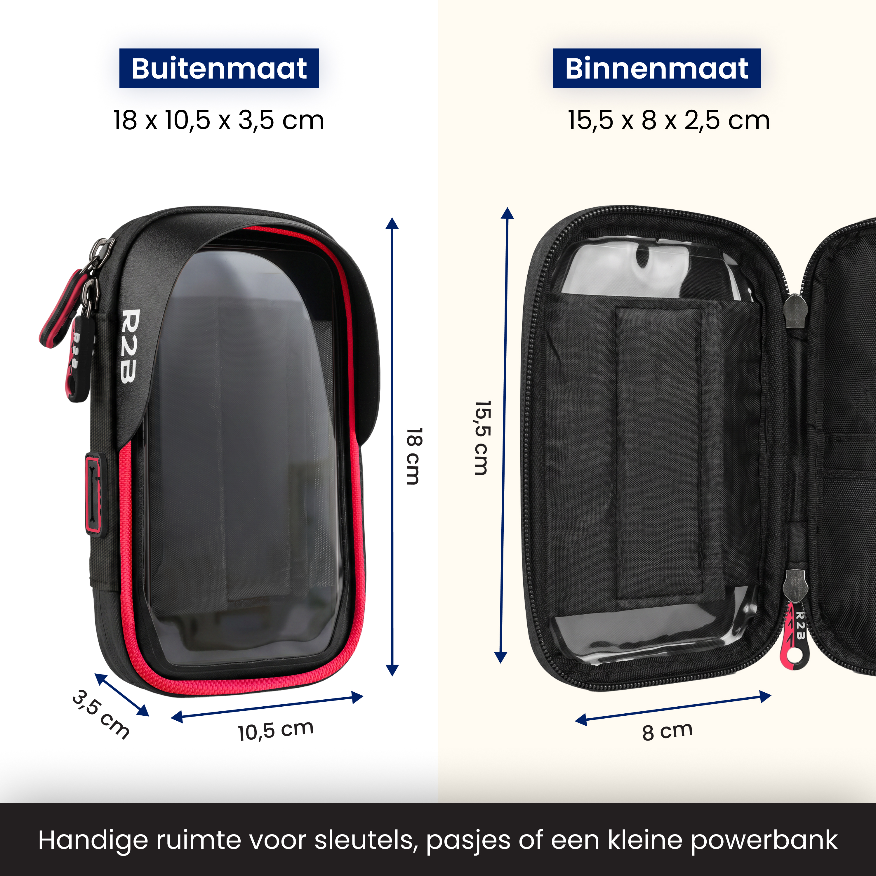 Zwarte R2B frametas met rode accenten toont buiten- en binnenmaten met afmetingen.