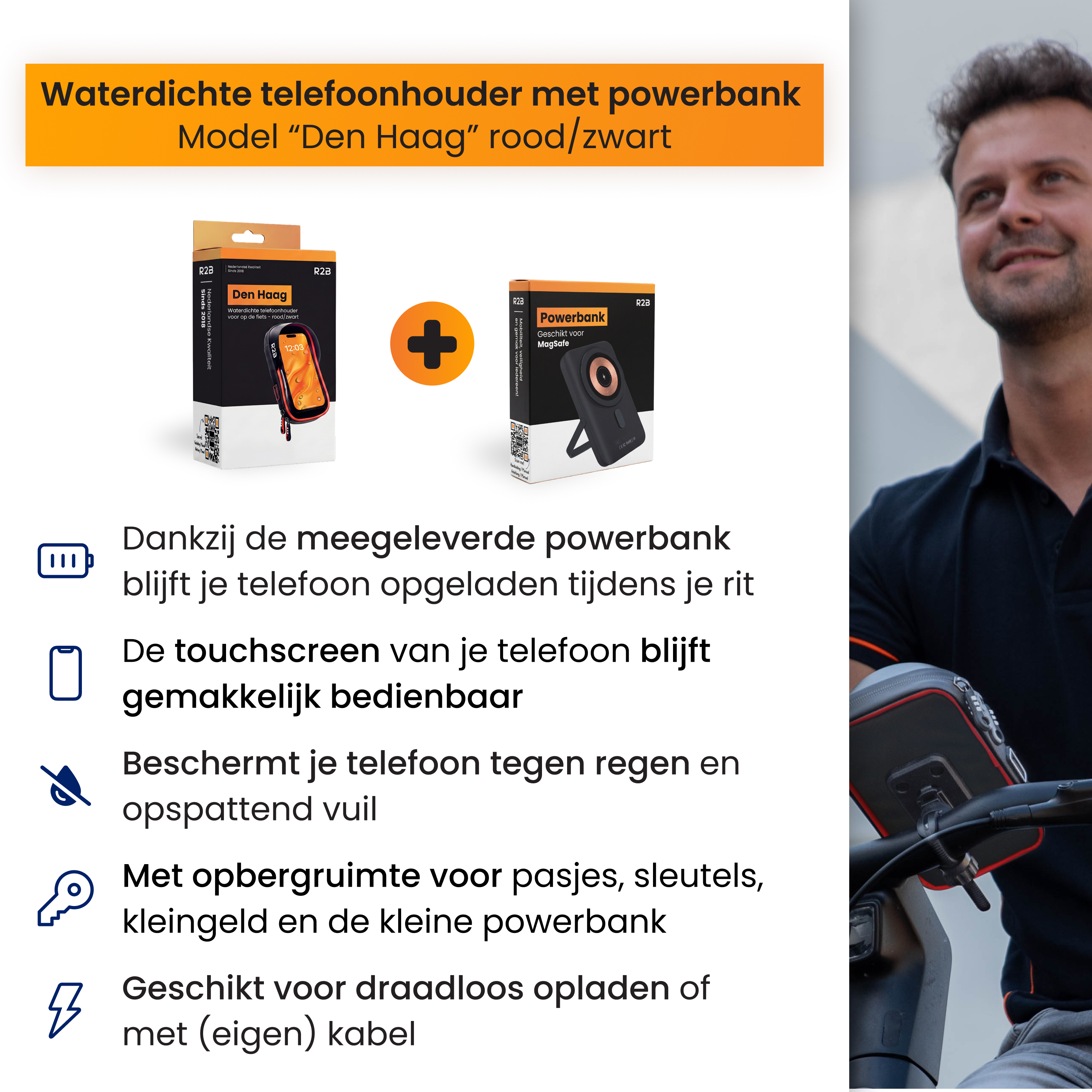 Waterdichte telefoonhouder voor fiets met powerbank en tekst.