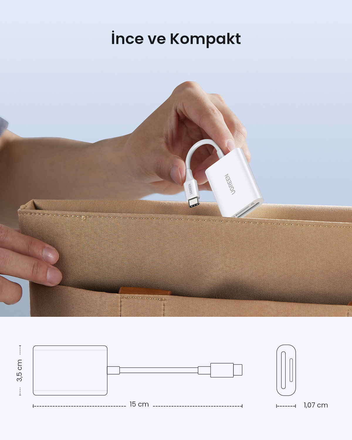 Kahverengi çanta üzerinde beyaz bir USB-C adaptör tutan el ve altta ölçüler.