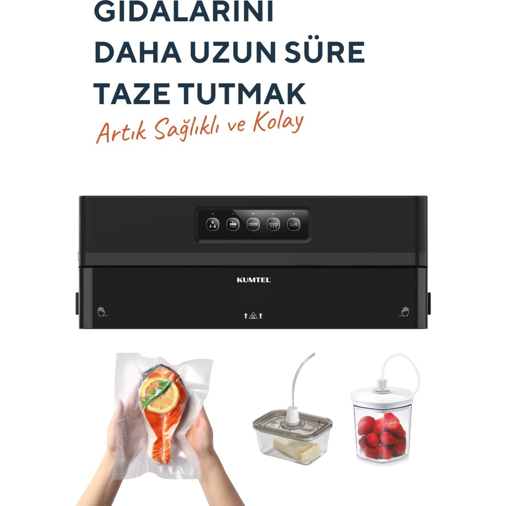 Siyah Kumtel vakum makinesi, vakumlu somon, saklama kabı ve kavanoz aksesuarlarıyla.