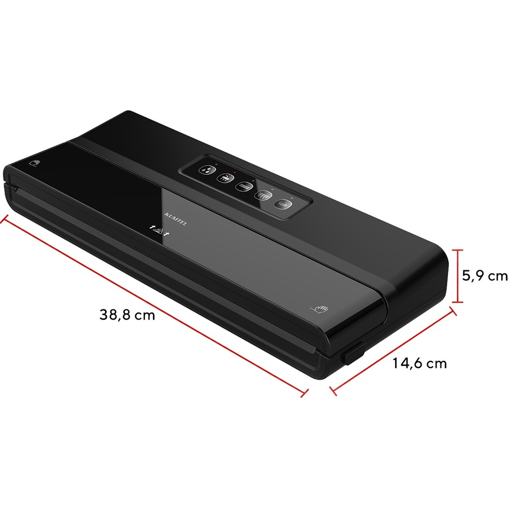 Santimetre cinsinden ölçüleri verilen siyah bir vakum paketleme makinesi: 38,8 cm uzunluk, 14,6 cm genişlik ve 5,9 cm yükseklik.