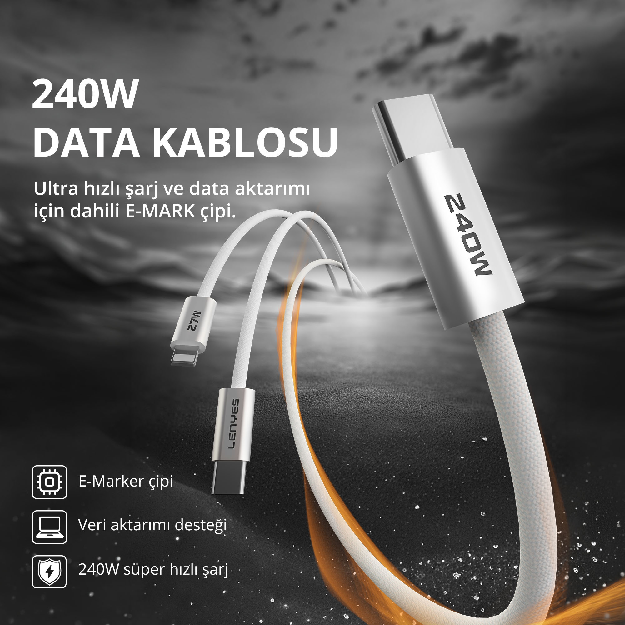 Karanlık arka planda hızlı şarj ve E-marker çipli beyaz 240W USB-C veri kablosu.