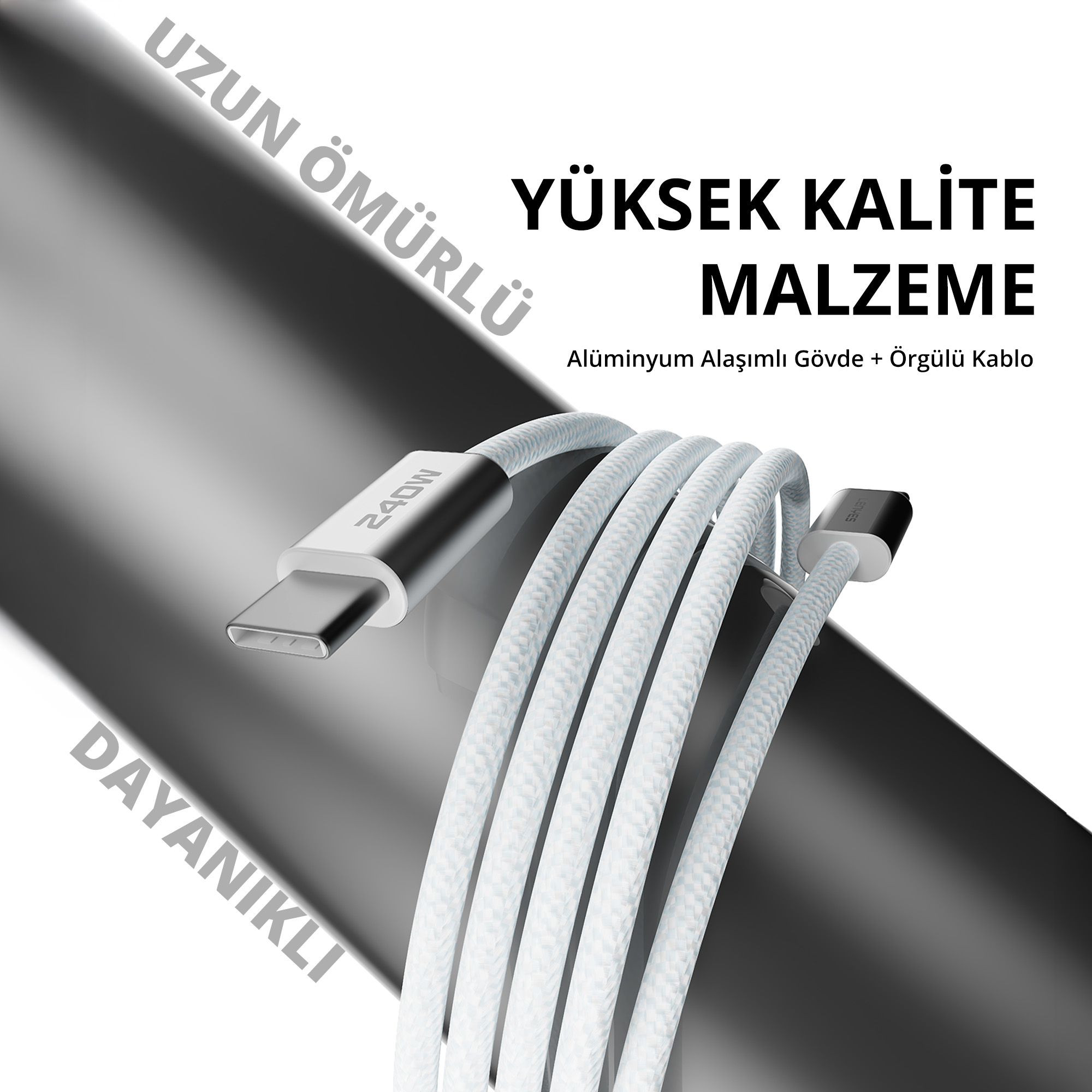 Koyu renkli bir silindire sarılmış, metal konektörlü ve metin içeren beyaz örgülü bir USB-C kablosu.
