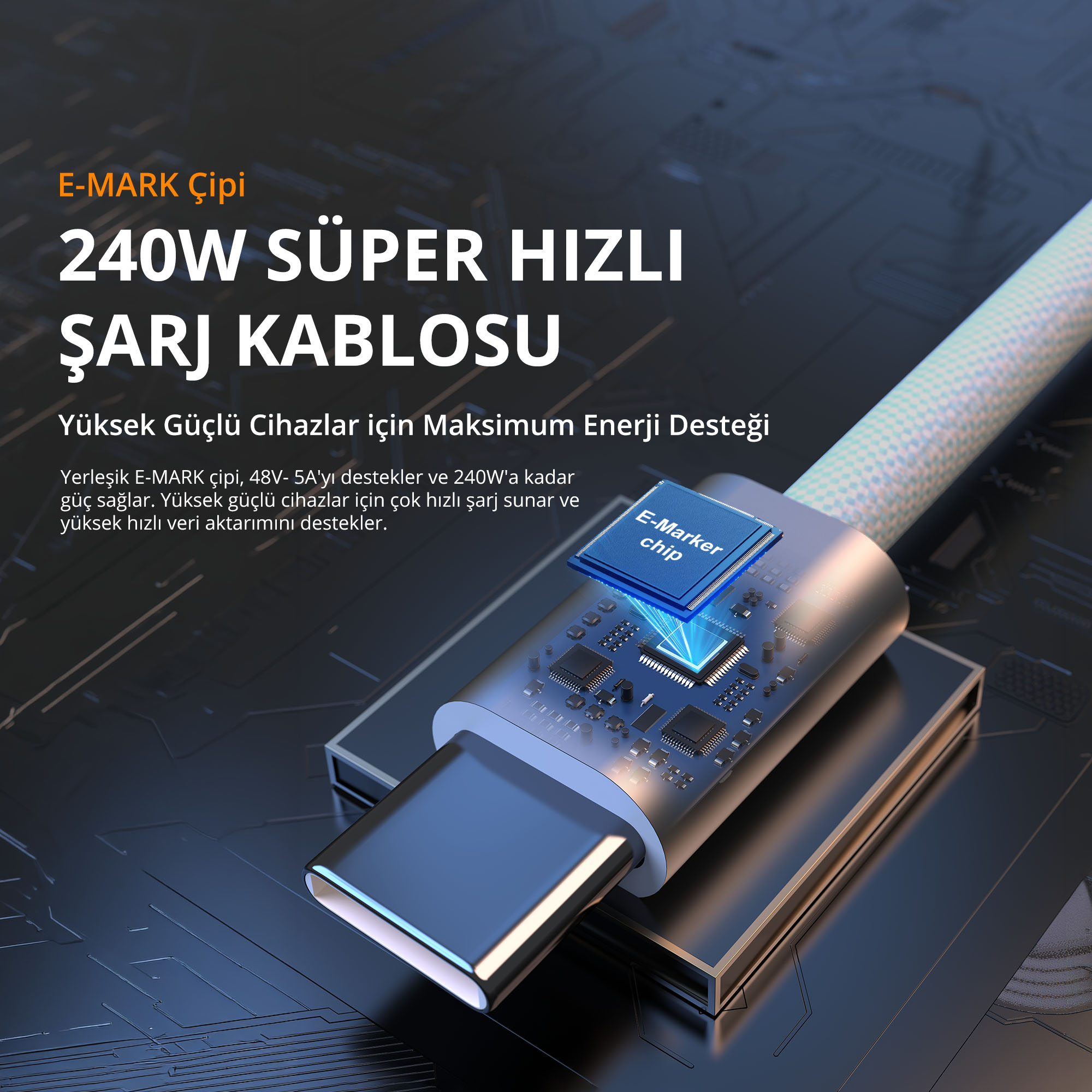 Koyu zemin üzerinde 240W hızlı şarj için dahili E-Marker çipli bir USB-C şarj kablosu.