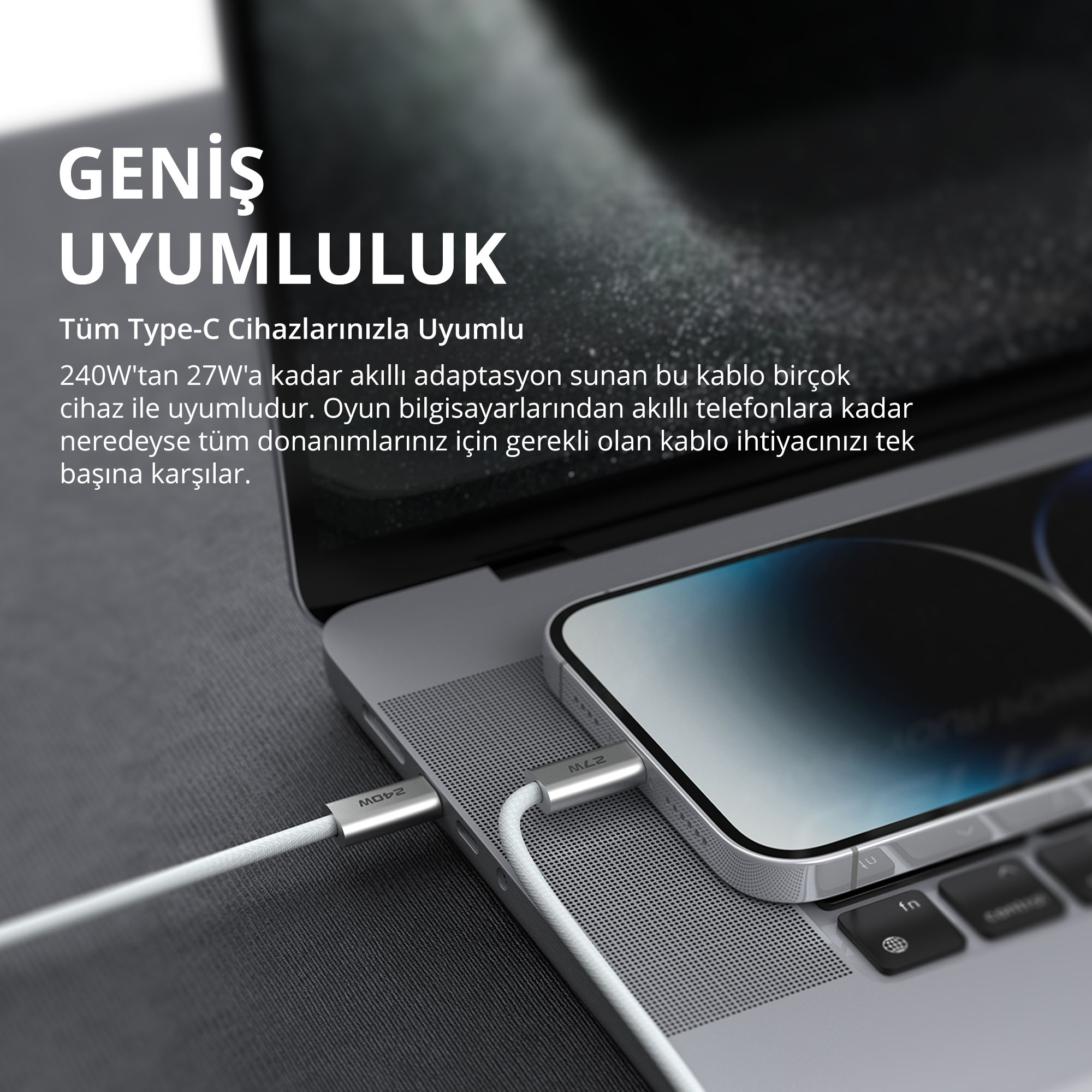 Sol tarafta Türkçe metin bulunan, beyaz USB-C kablolarla akıllı telefona ba ğlı gümüş renkli bir dizüstü bilgisayar.