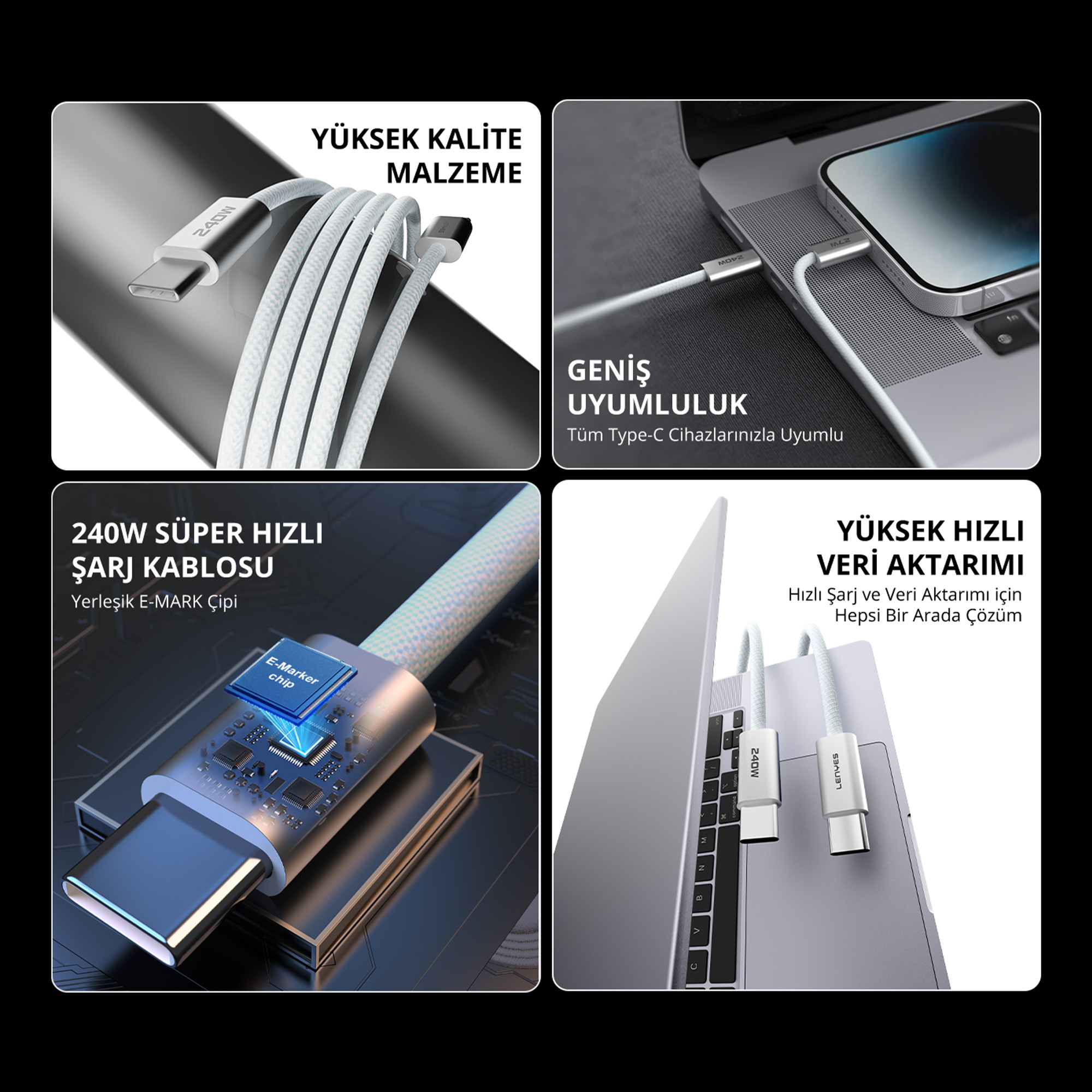 Dört görselde E-Marker çipli örülü USB-C kablosu ile telefon ve dizüstü bilgisayar şarjı gösteriliyor.