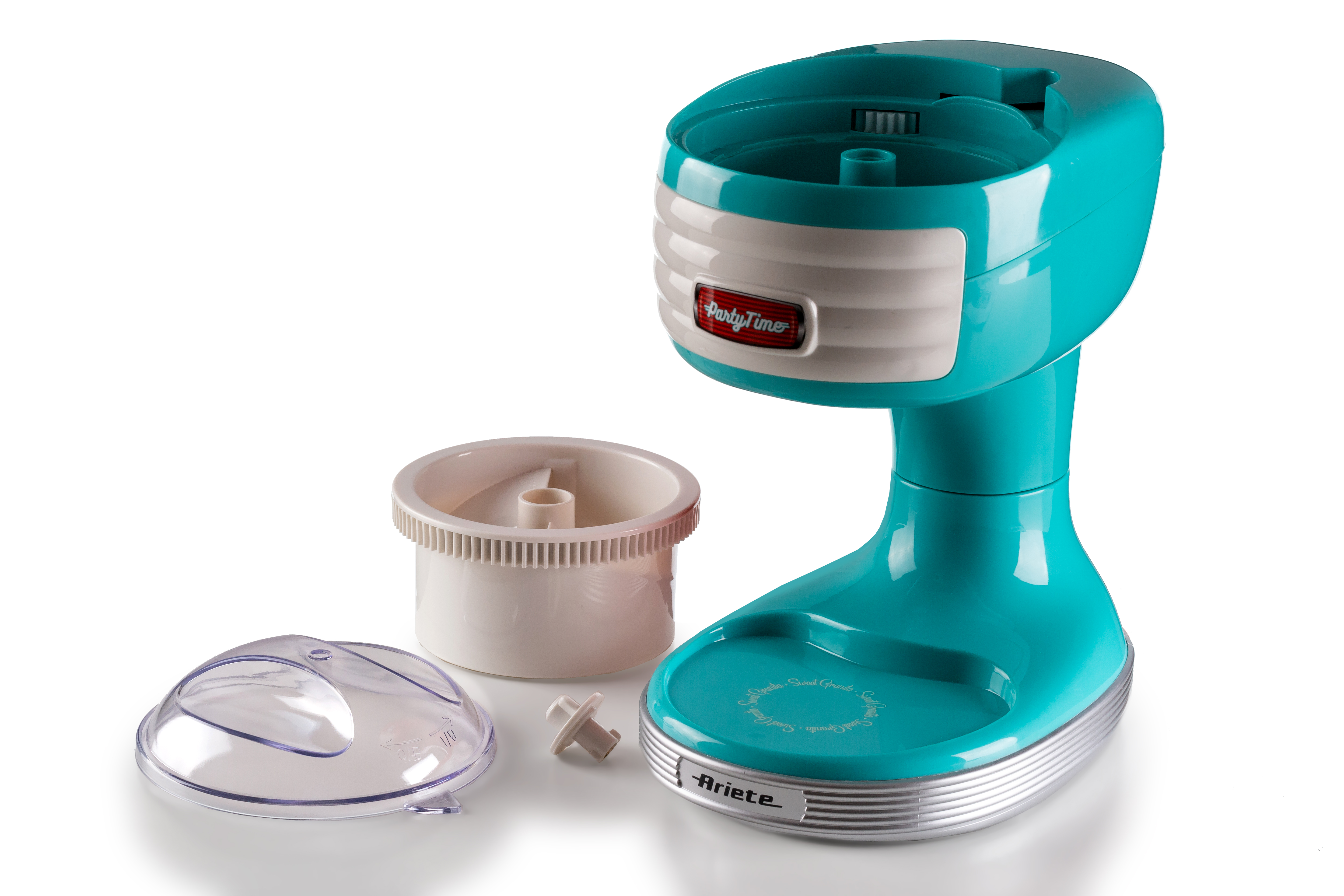Türkisfarbene Ariete Party Time Slush-Eis-Maschine mit abnehmbarem weißem Behälter und klarem Deckel auf weißem Grund.