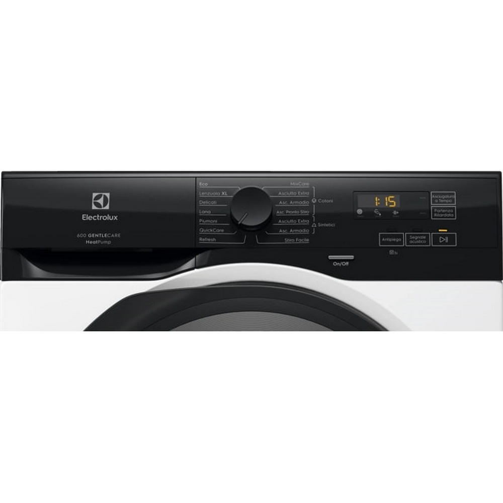 Pannello di controllo di un'asciugatrice Electrolux nera e bianca con manopola e display digitale.