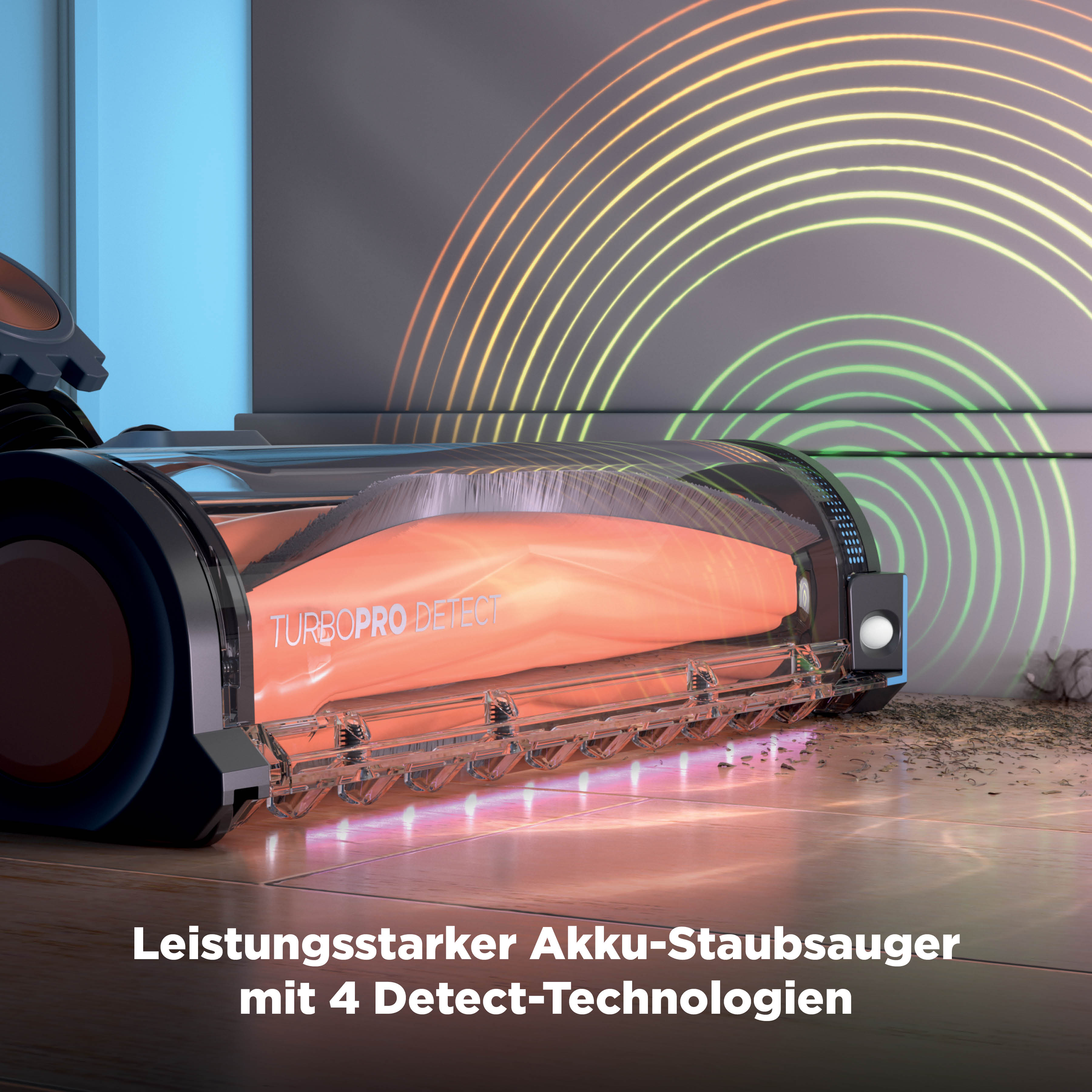 Aspirapolvere senza fili Turbopro Detect pulisce pavimento con LED.
