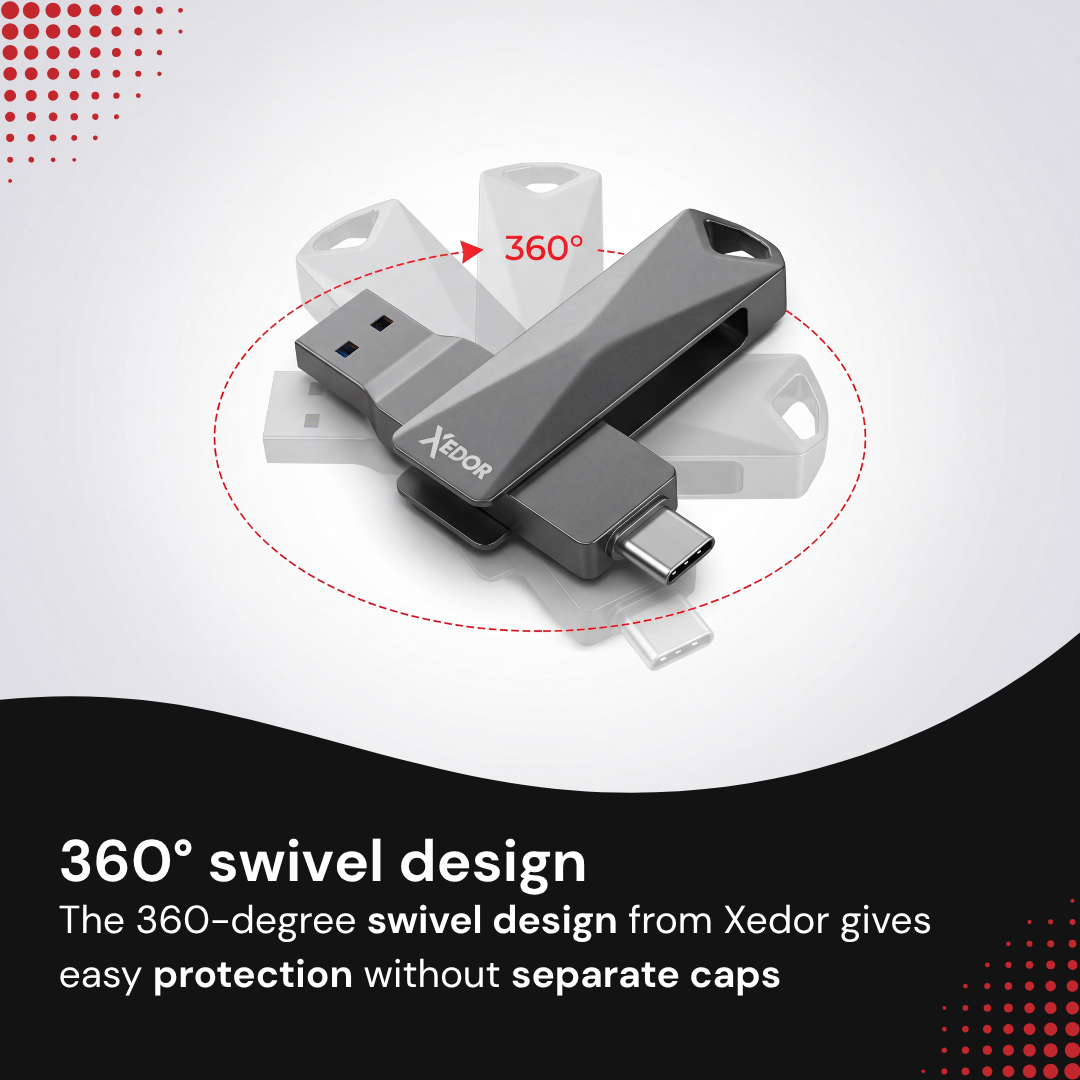 Gray Xedor USB flash drive featuring a 360-degree swivel design with USB-A and USB-C ports.