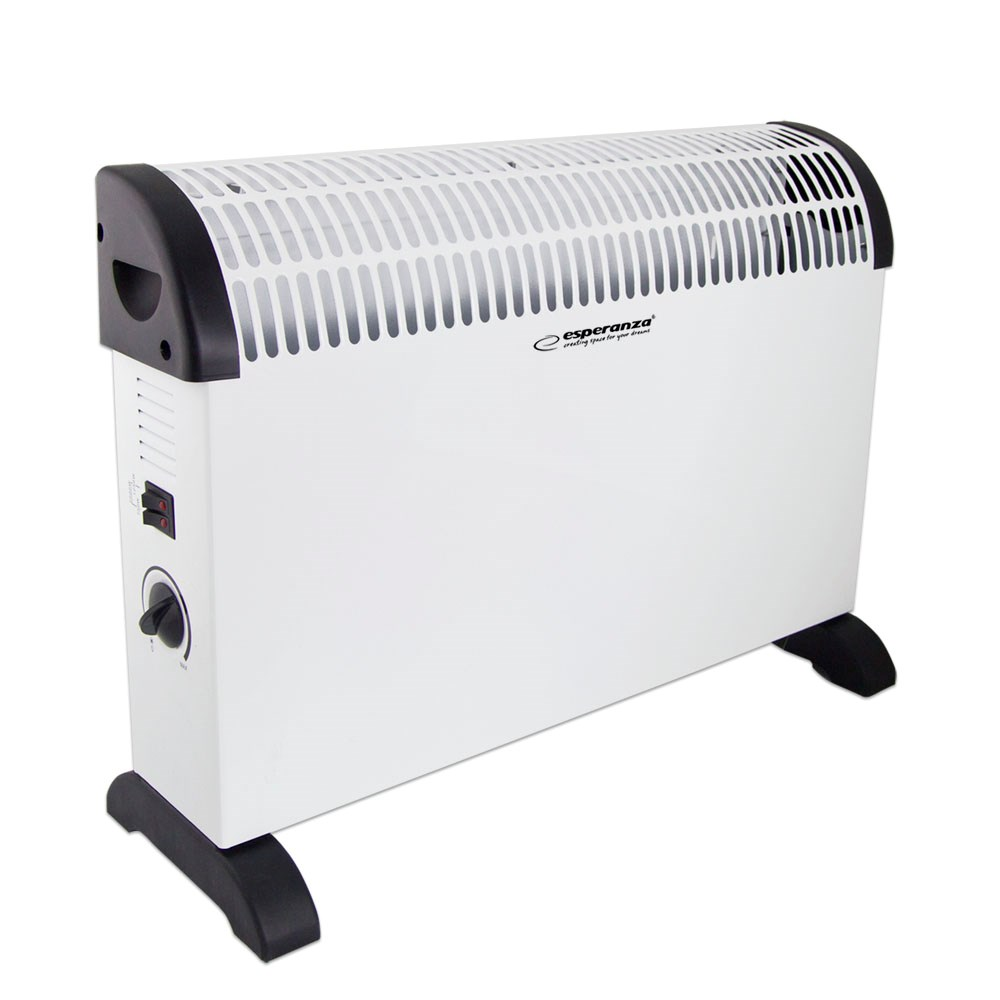 Un calefactor convectivo blanco con patas negras y rejilla de ventilación superior.