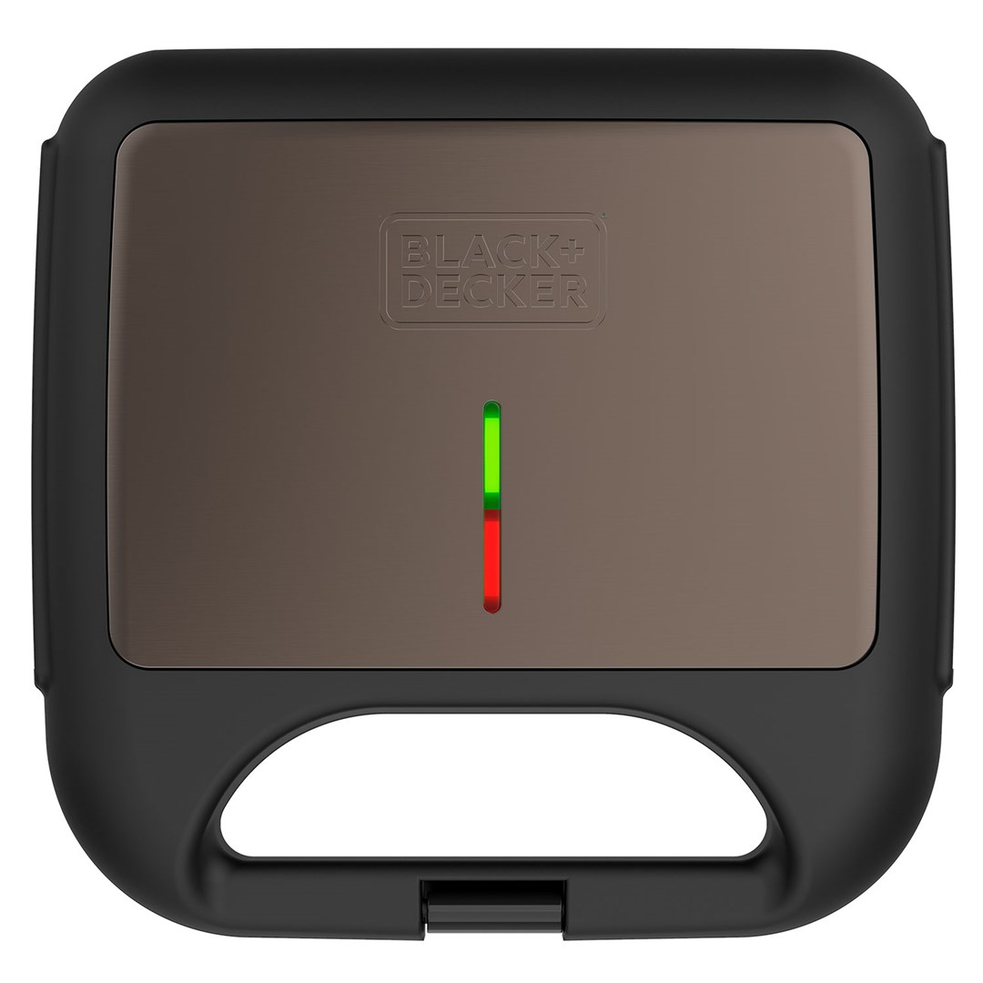 Schwarzer Black and Decker Sandwichmaker mit brauner Front und grün-roter LED-Anzeige.