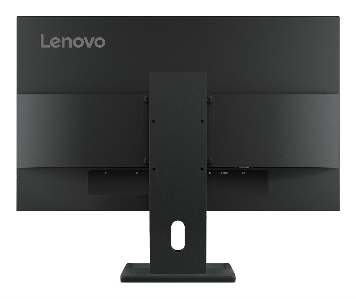 Rear view of a black Lenovo monitor with stand and VESA mount.