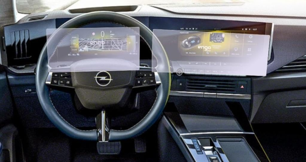 Opel logolu direksiyon ve dijital gösterge ekranlarına sahip araba içi.