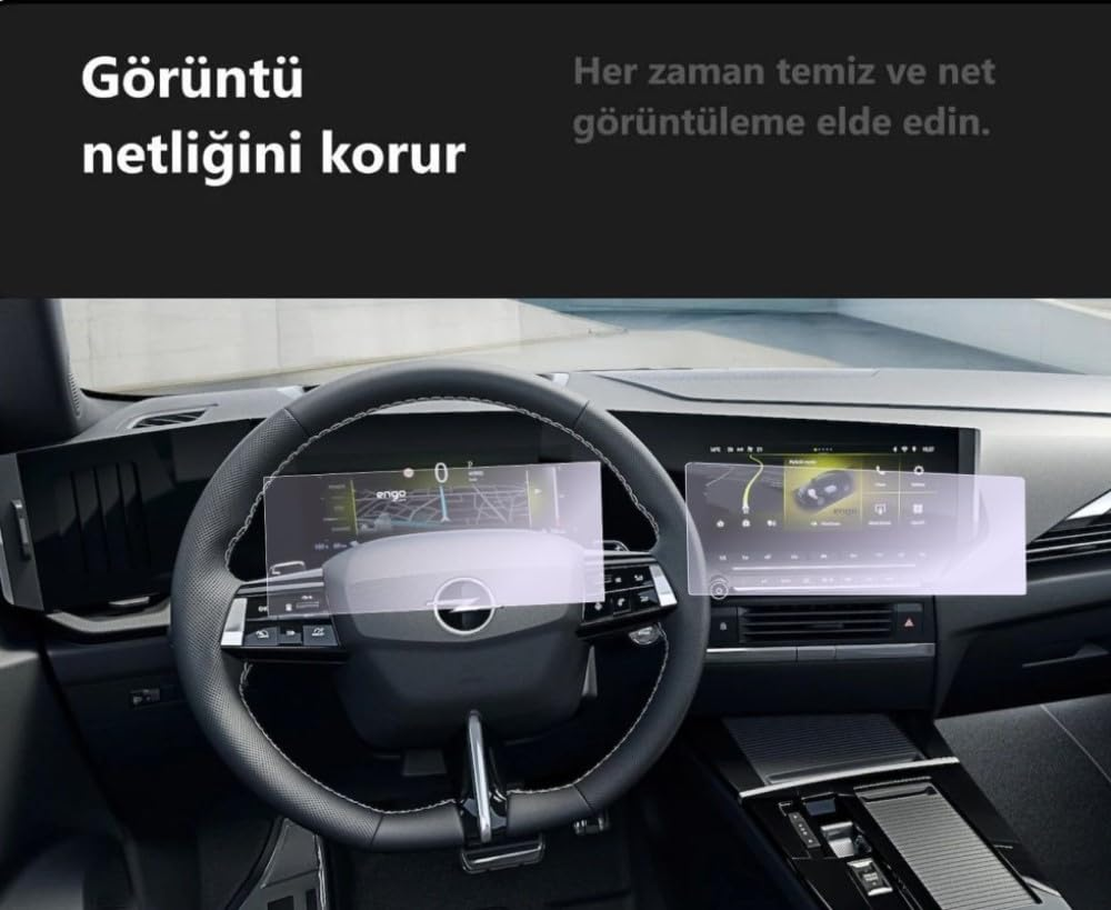 Siyah direksiyon simidi ve şeffaf koruyucu filmlere sahip ekranlar içeren araba içi.
