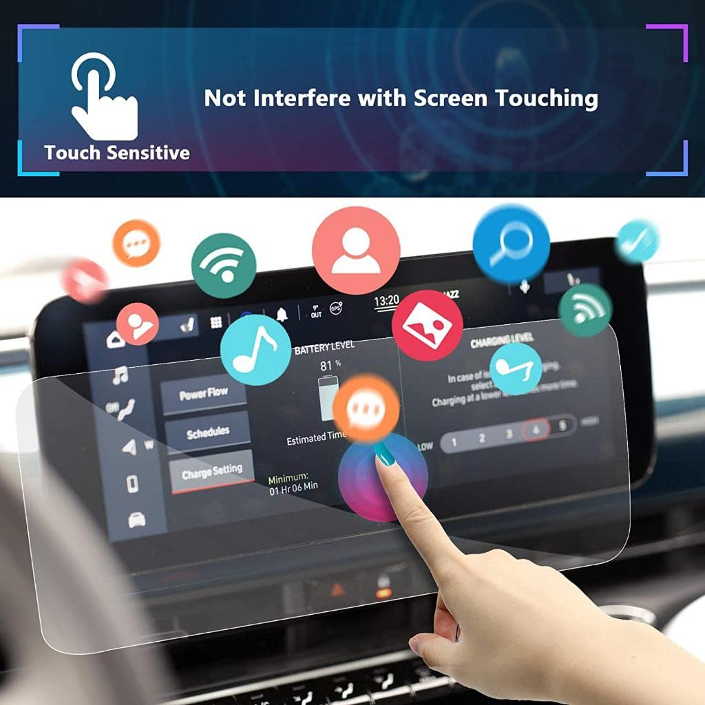 Simgeler ve "Not Interfere with Screen Touching" yazısıyla araba ekranına dokunan el.