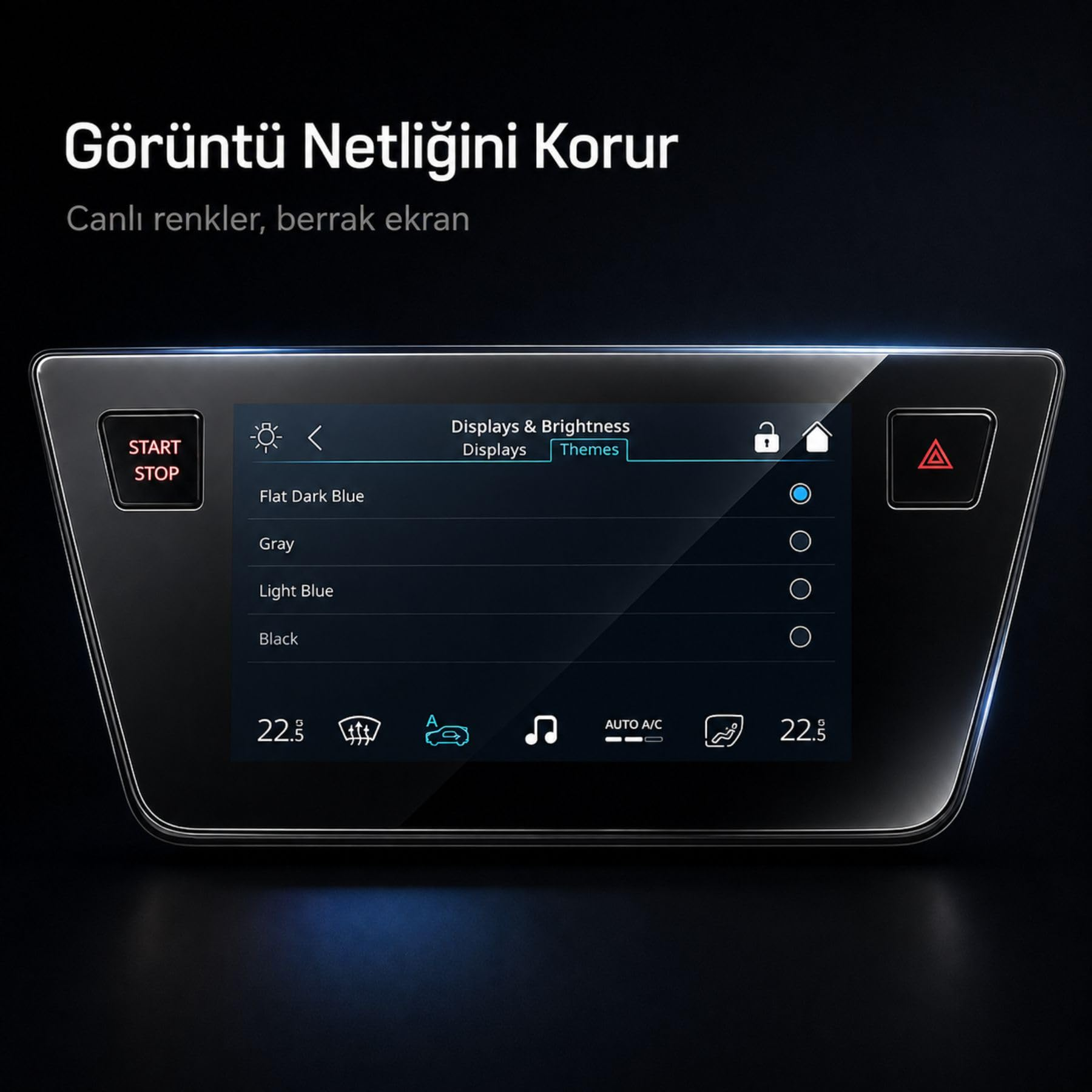 Tema ayarlarını gösteren, start-stop ve dörtlü flaşör düğmeleriyle çevrili bir araç bilgi-eğlence ekranı.