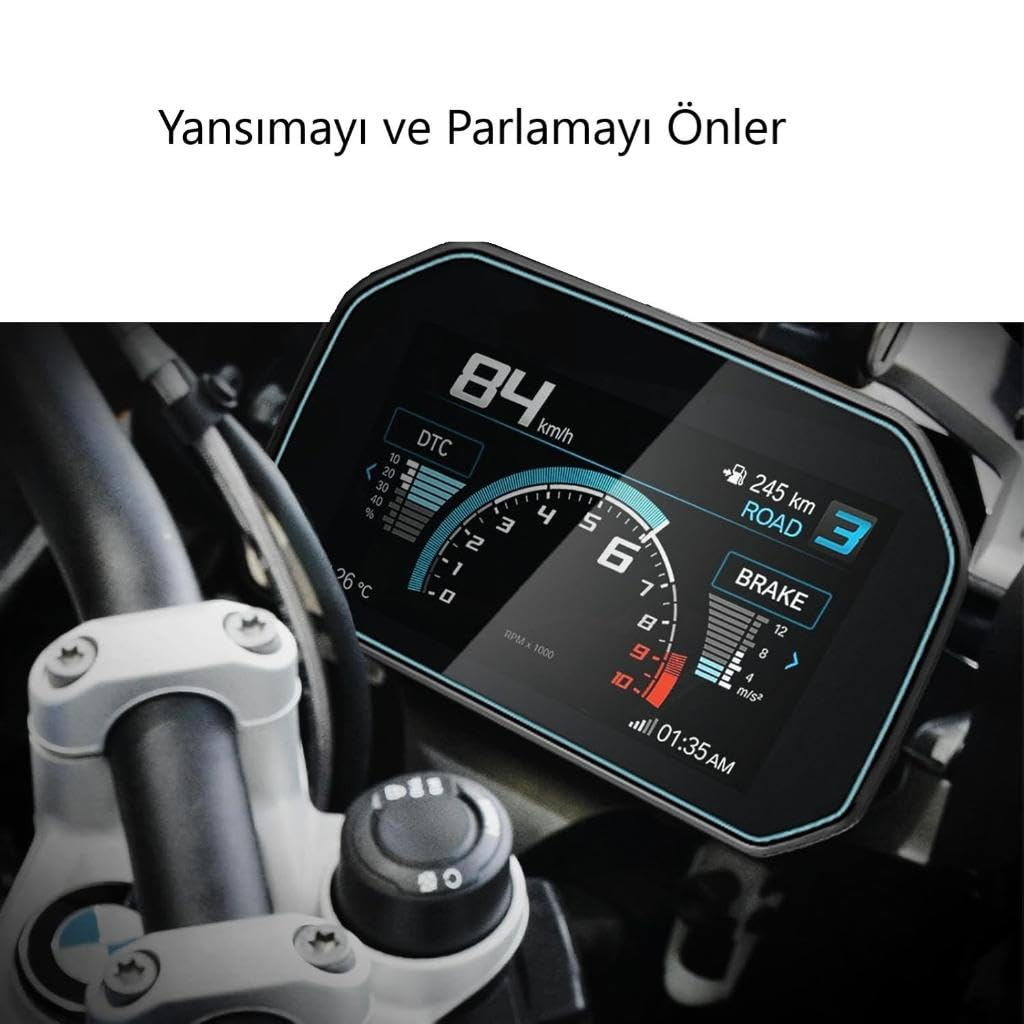 Hız ve devir gösteren motosiklet dijital ekranı, üstte Türkçe metin var.