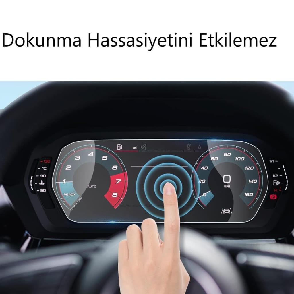 Bir parmak, mavi eş merkezli daireler gösteren araba paneli dijital ekranına dokunuyor.